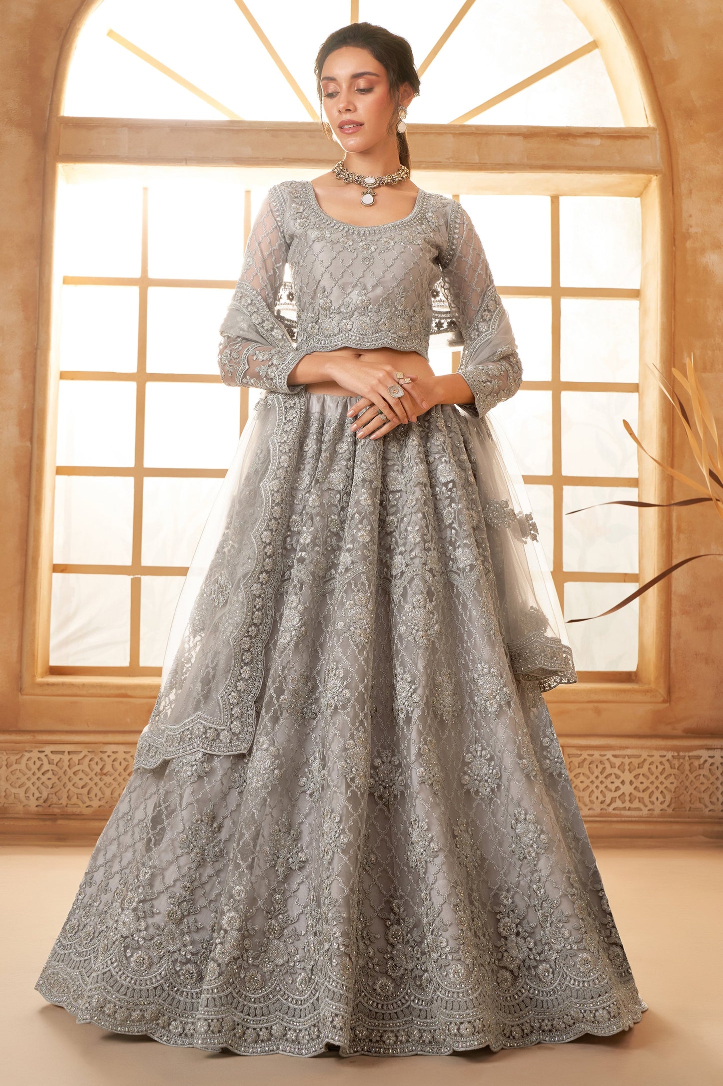 Grey Semi Stitched Embroidered Net Lehenga-LC46_1_SareeButa.com