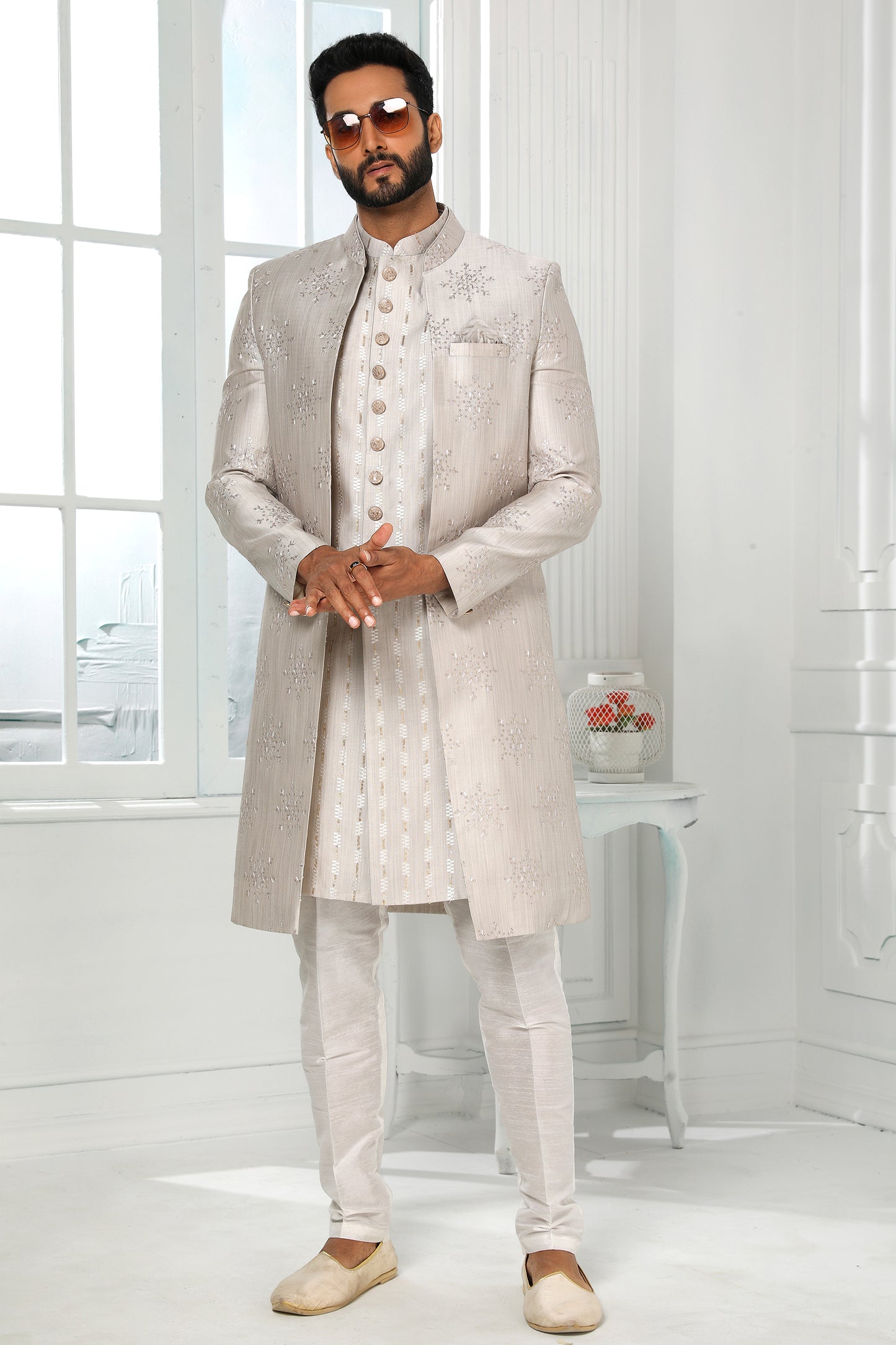 Grey Silk Kurta Pajama With Jacket-SAR11440_1_SareeButa.com