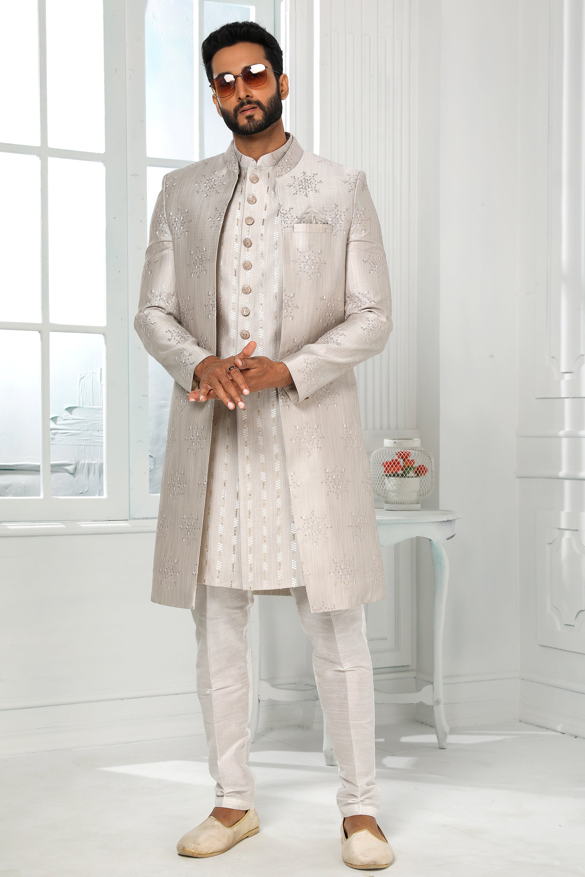 Grey Silk Kurta Pajama With Jacket-SAR11440_1_SareeButa.com