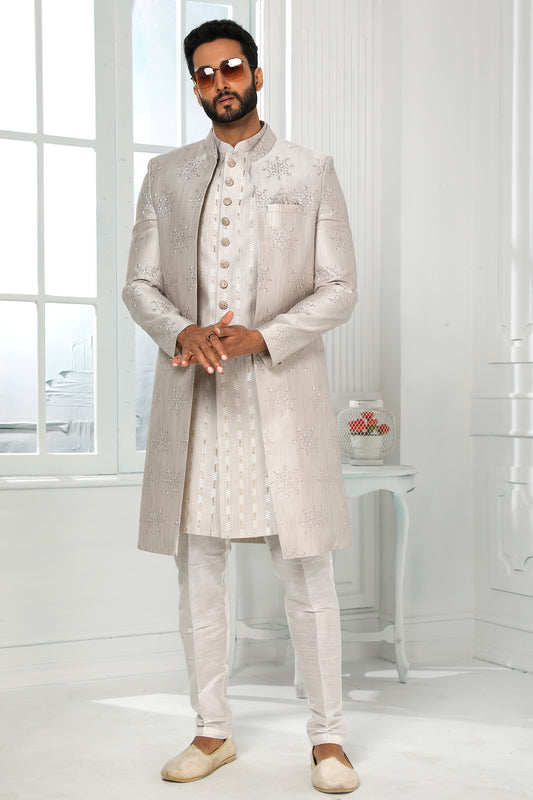 Grey Silk Kurta Pajama With Jacket-SAR11440_1_SareeButa.com