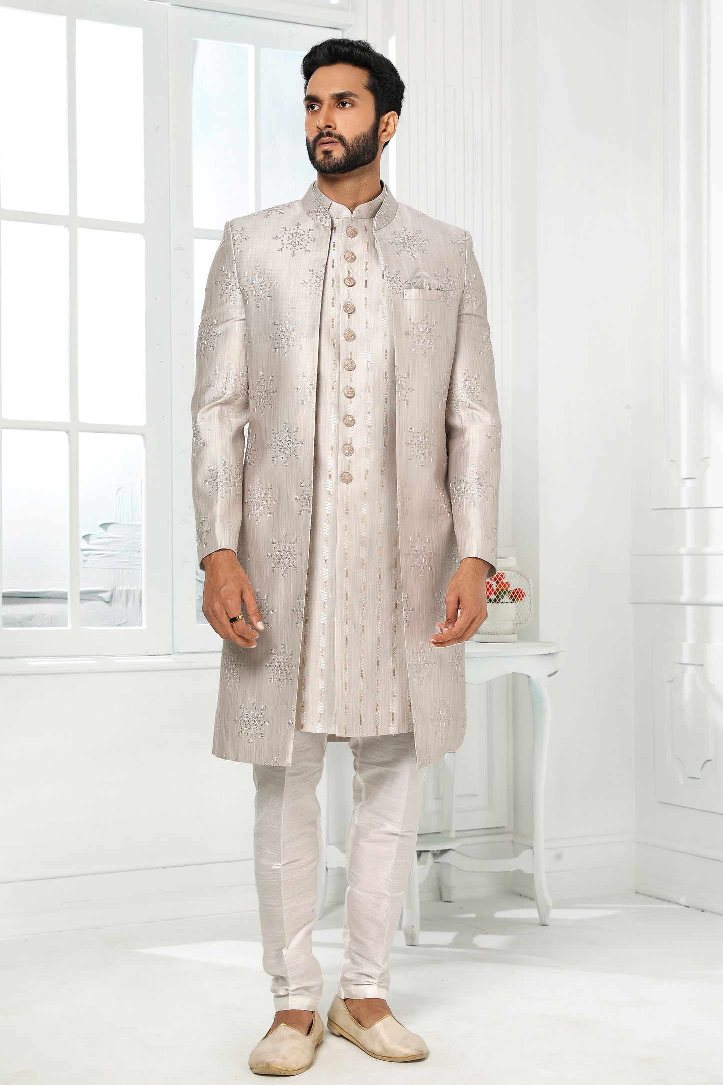 Grey Silk Kurta Pajama With Jacket-SAR11440_3_SareeButa.com