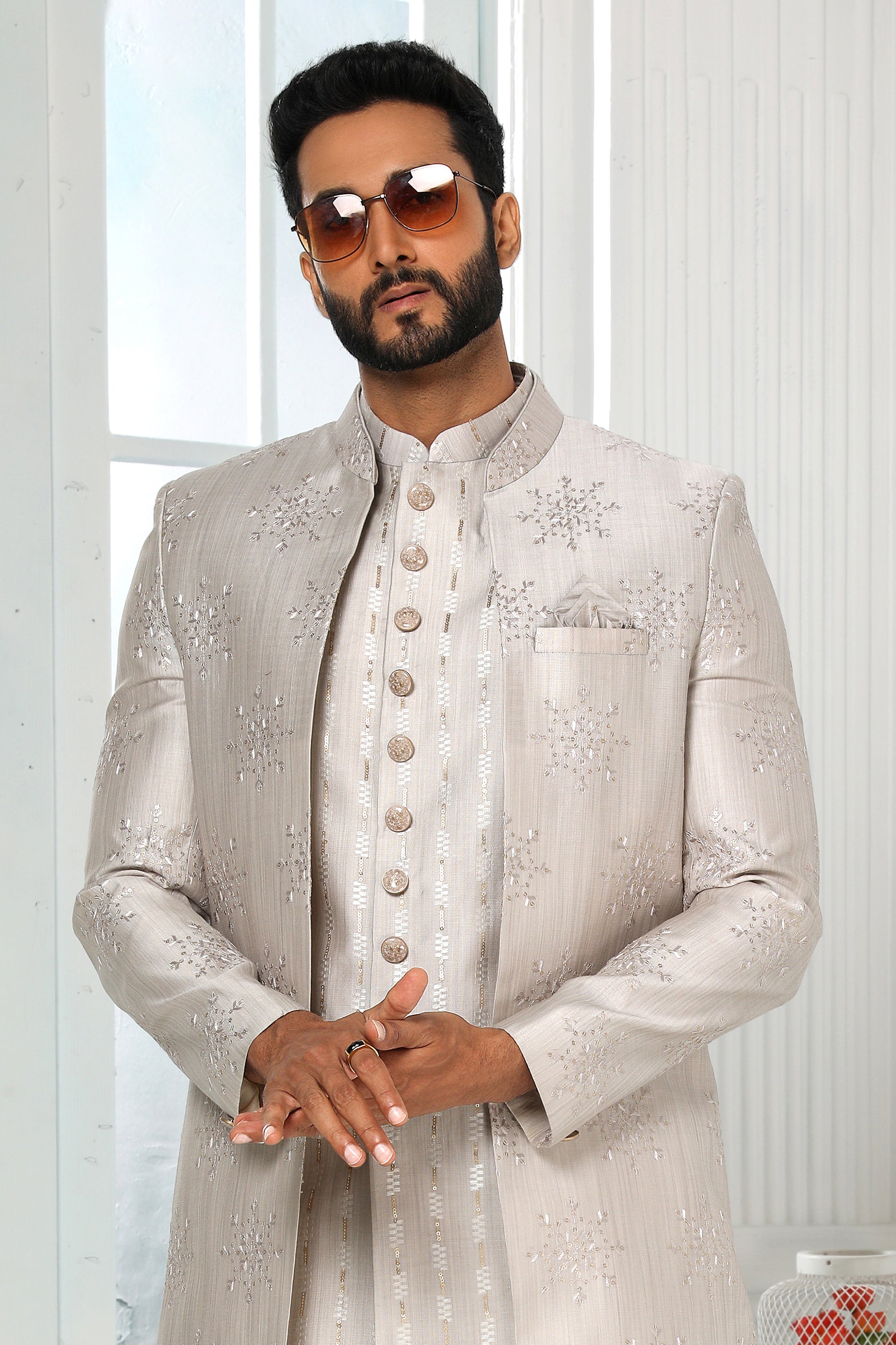 Grey Silk Kurta Pajama With Jacket-SAR11440_4_SareeButa.com