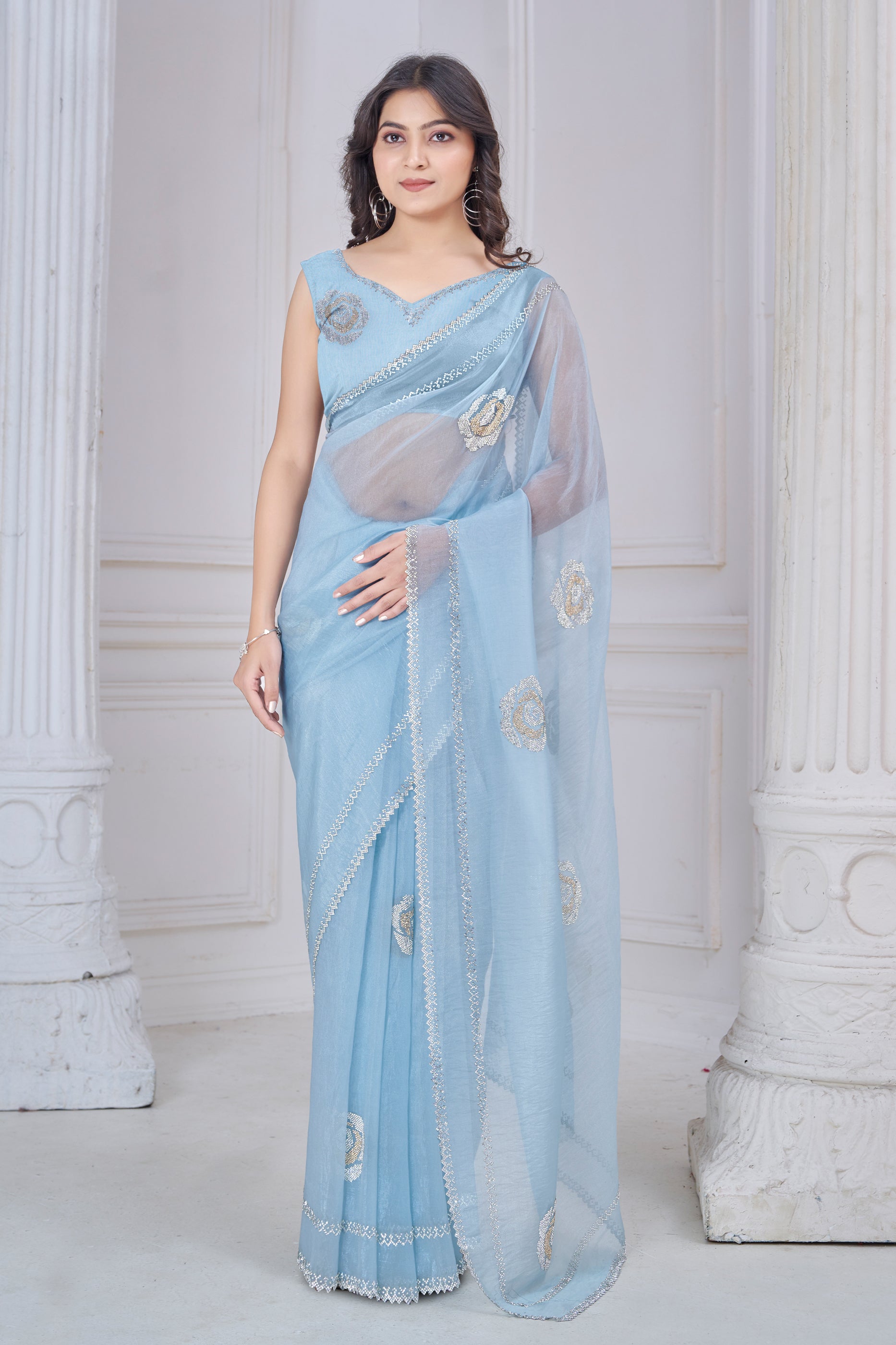 Grey Stone Work Organza Saree-SAR10767_1_SareeButa.com