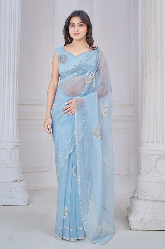 Grey Stone Work Organza Saree-SAR10767_1_SareeButa.com