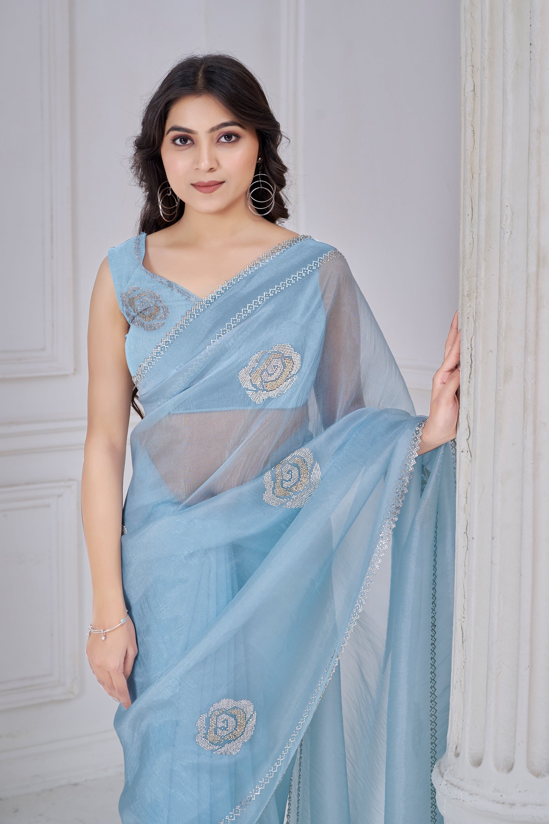 Grey Stone Work Organza Saree-SAR10767_2_SareeButa.com