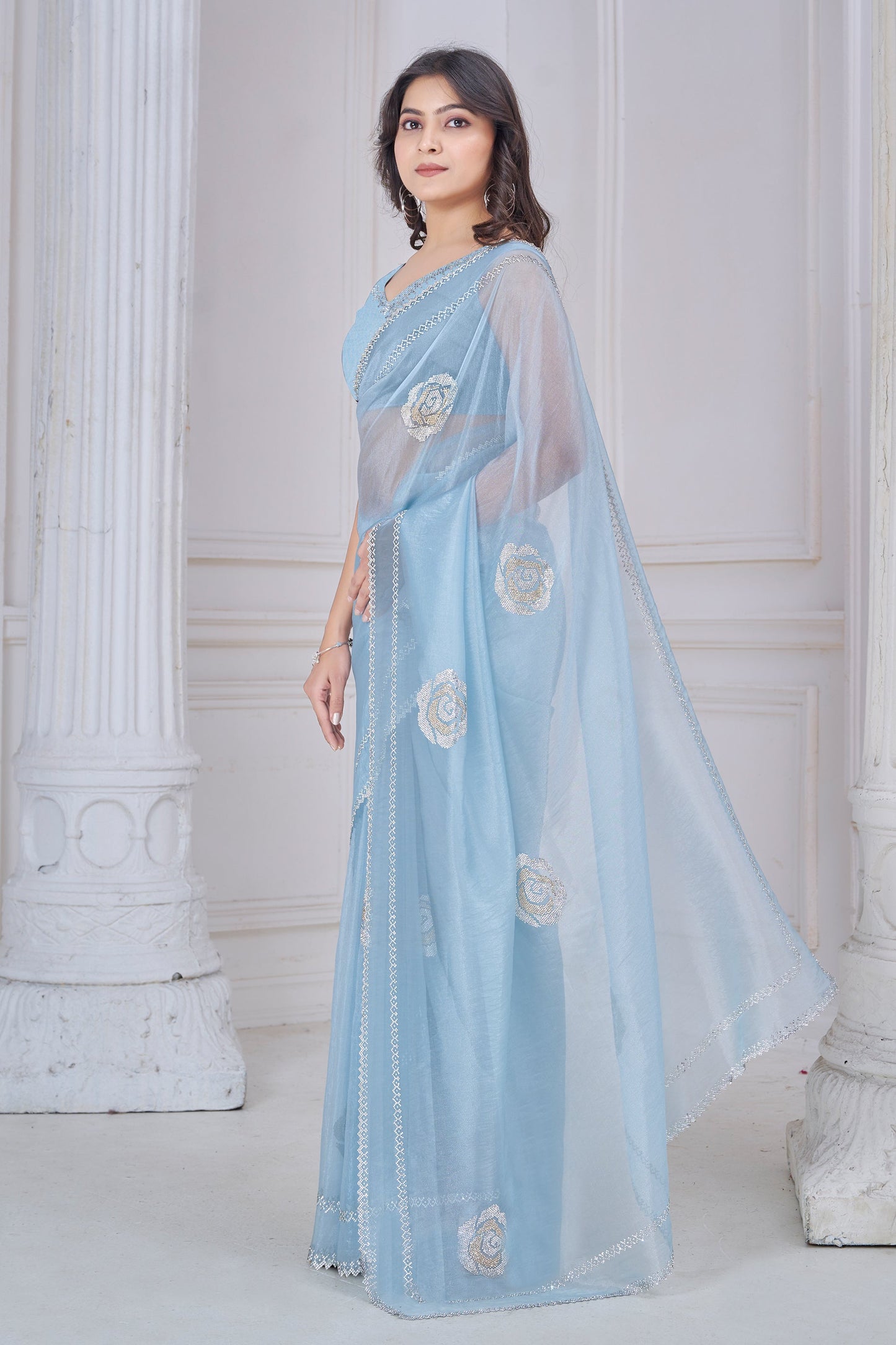Grey Stone Work Organza Saree-SAR10767_3_SareeButa.com