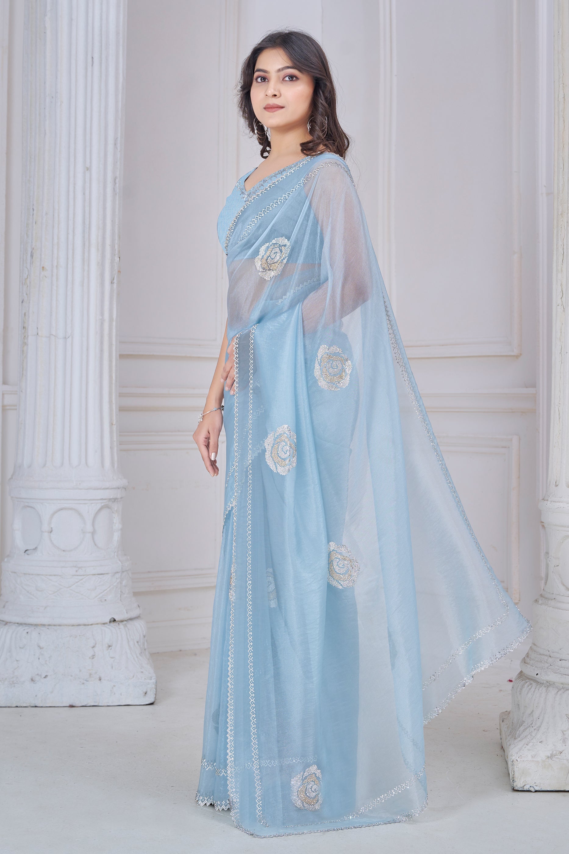 Grey Stone Work Organza Saree-SAR10767_3_SareeButa.com
