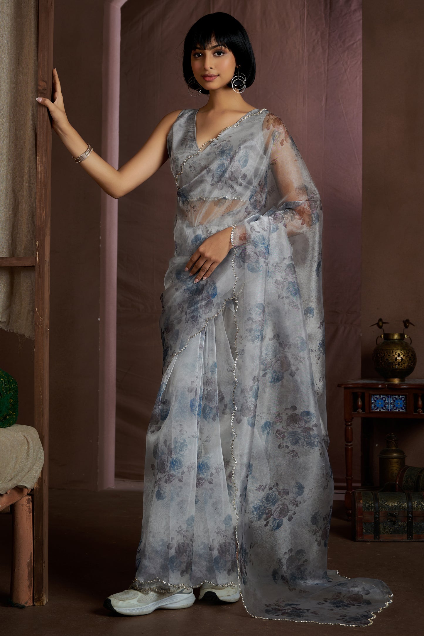 Grey Stone Work Organza Saree