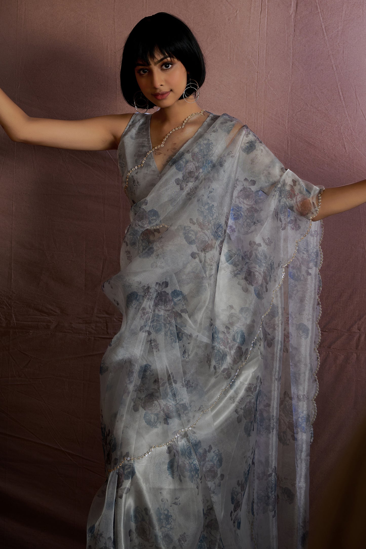 Grey Stone Work Organza Saree