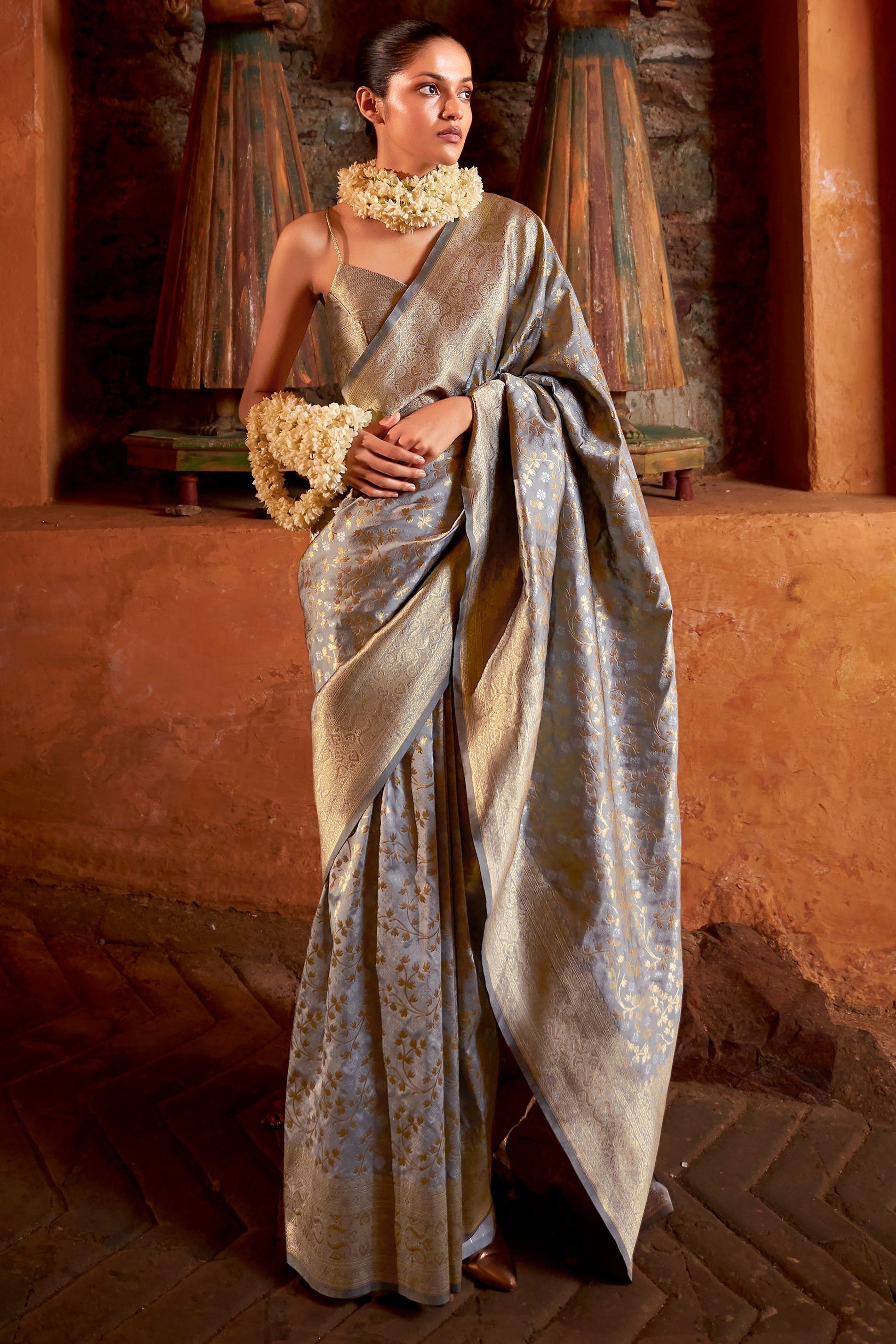 Grey Woven Banarasi Silk Saree-ZB133370_1_SareeButa.com