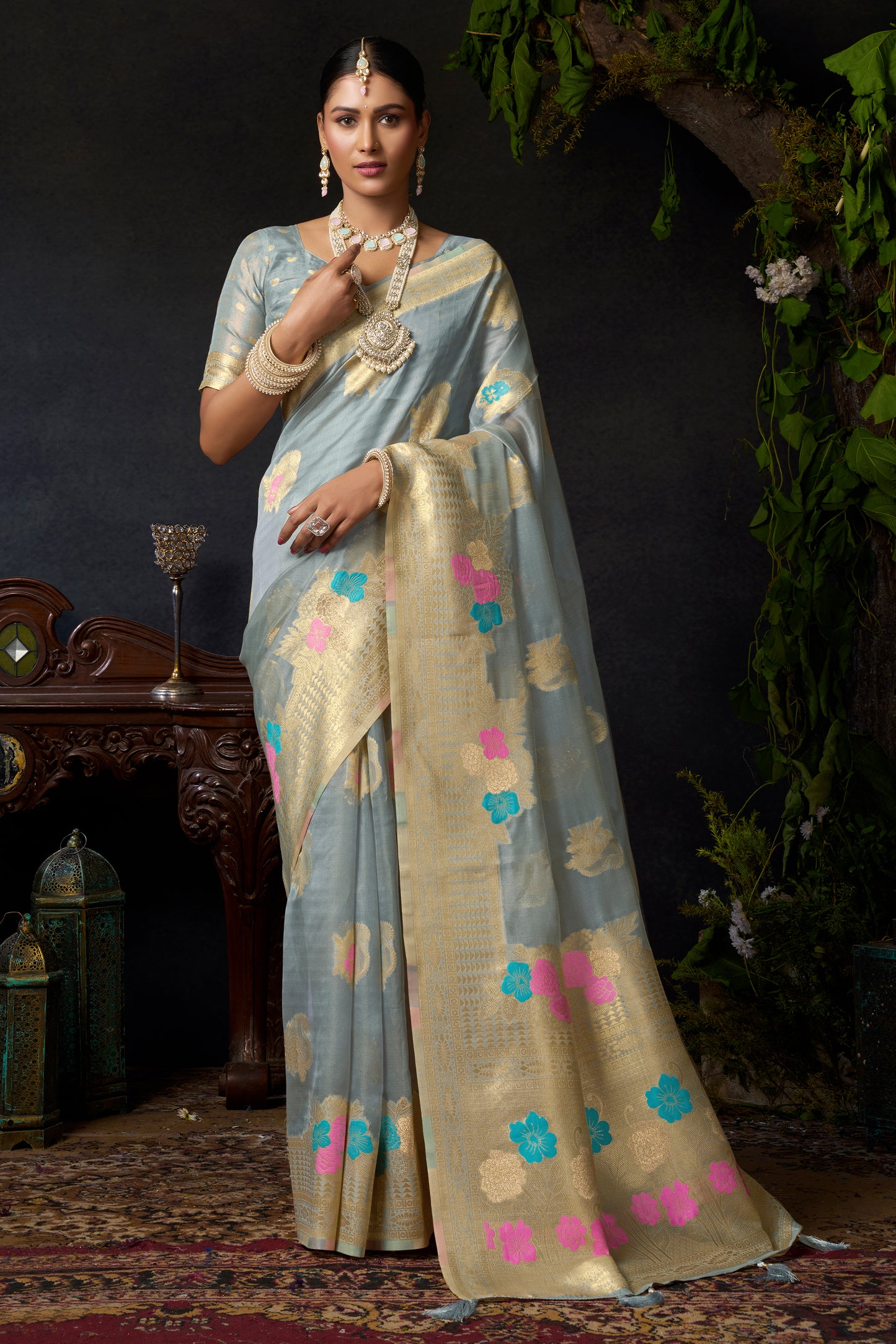 Grey Woven Organza Saree-SAR12618_1_SareeButa.com