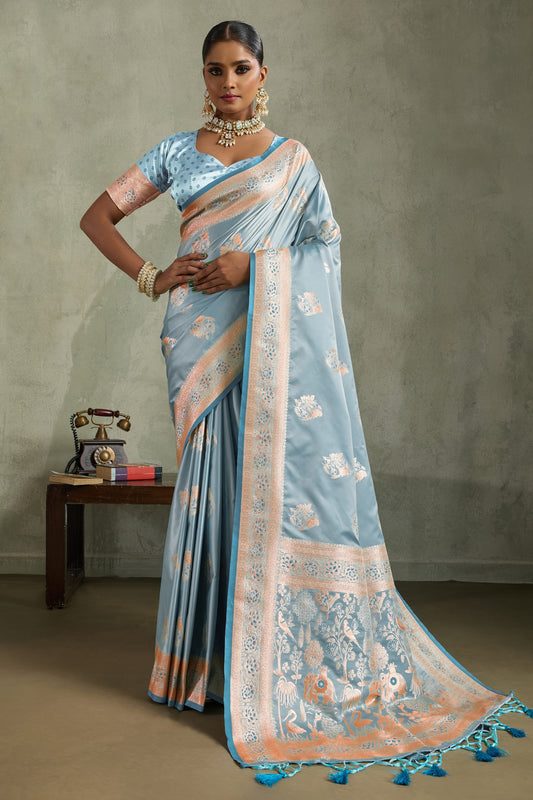Grey Woven Satin Silk Banarasi Saree-SAR11805_1_SareeButa.com