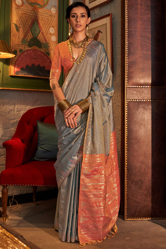 Grey Woven Tussar Silk Saree-ZB133041_1_SareeButa.com