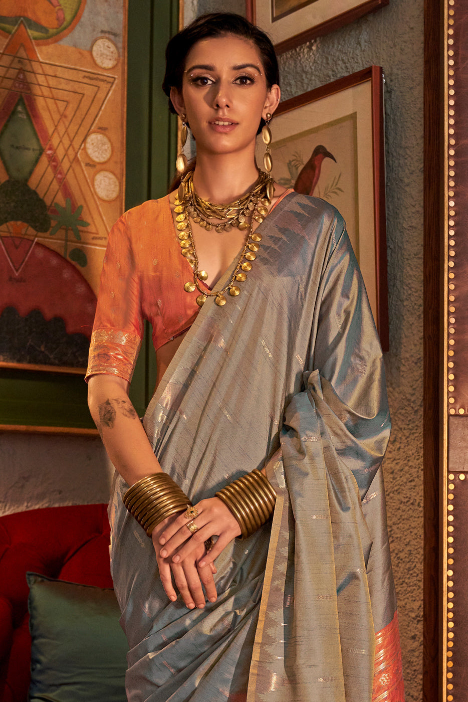 Grey Woven Tussar Silk Saree-ZB133041_2_SareeButa.com