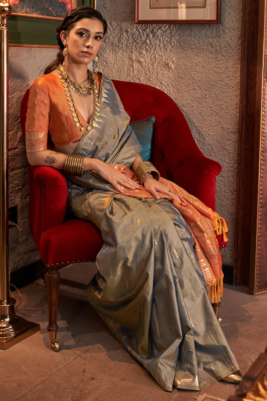 Grey Woven Tussar Silk Saree-ZB133041_3_SareeButa.com