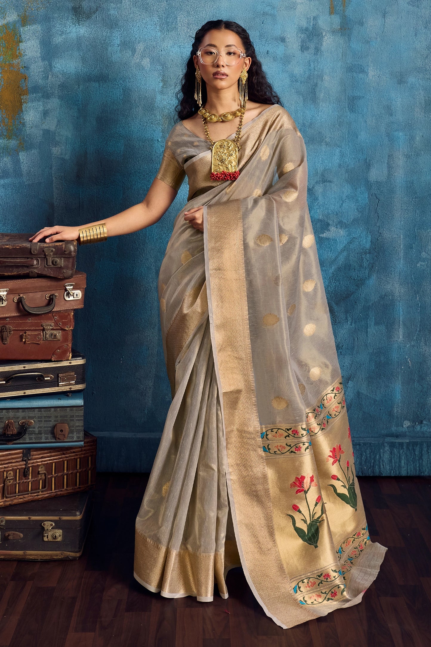 Grey Woven Zari Tissue Saree-SAR12355_1_SareeButa.com