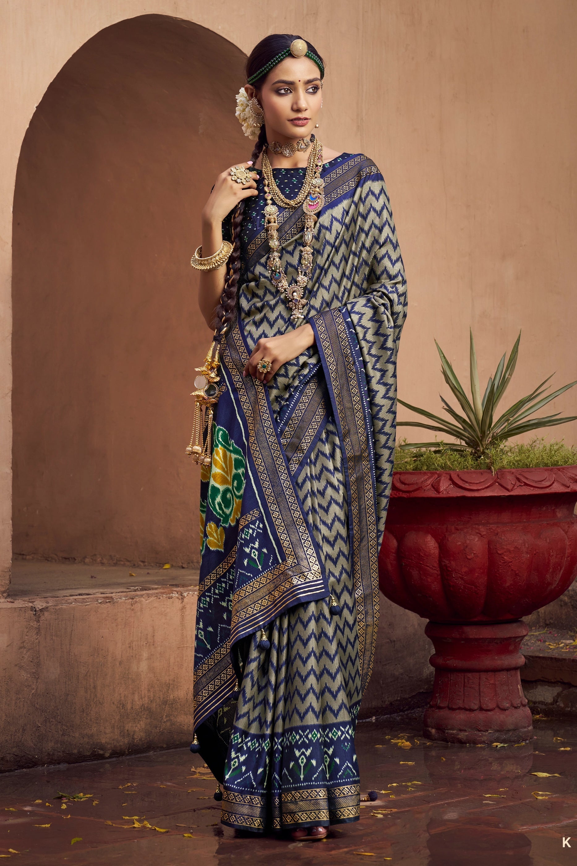 Grey and Blue Printed Patola Silk Saree-SAR10386_1_SareeButa.com