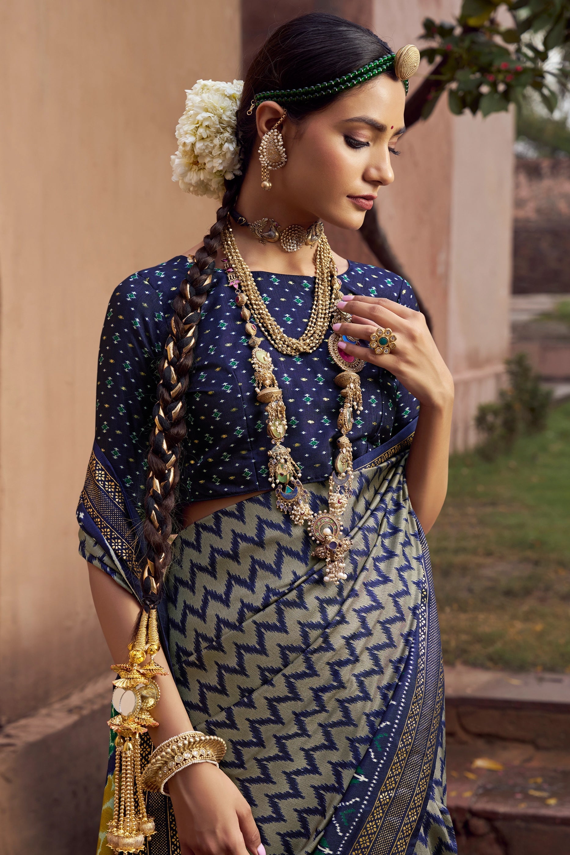 Grey and Blue Printed Patola Silk Saree-SAR10386_2_SareeButa.com