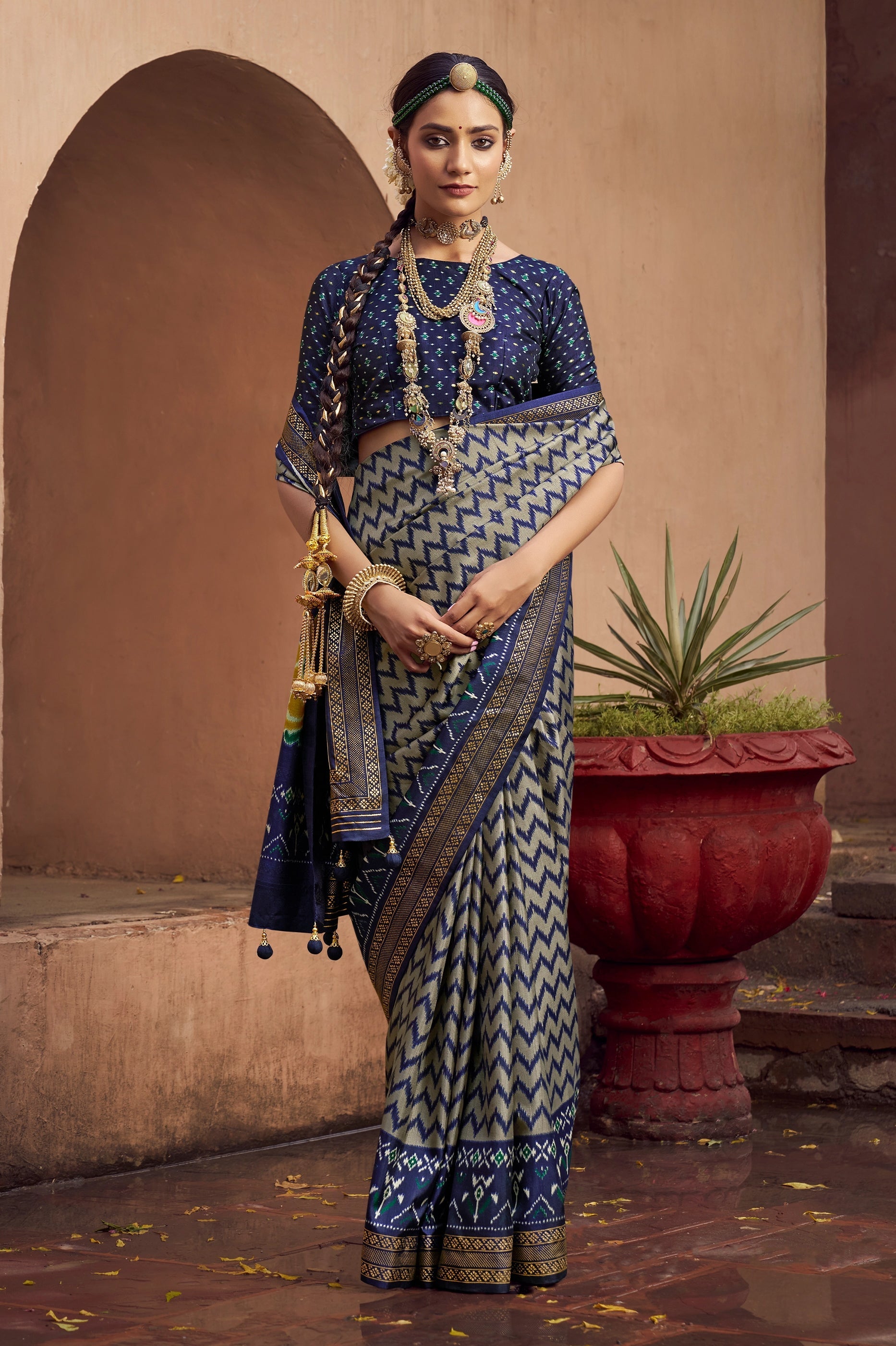 Grey and Blue Printed Patola Silk Saree-SAR10386_4_SareeButa.com