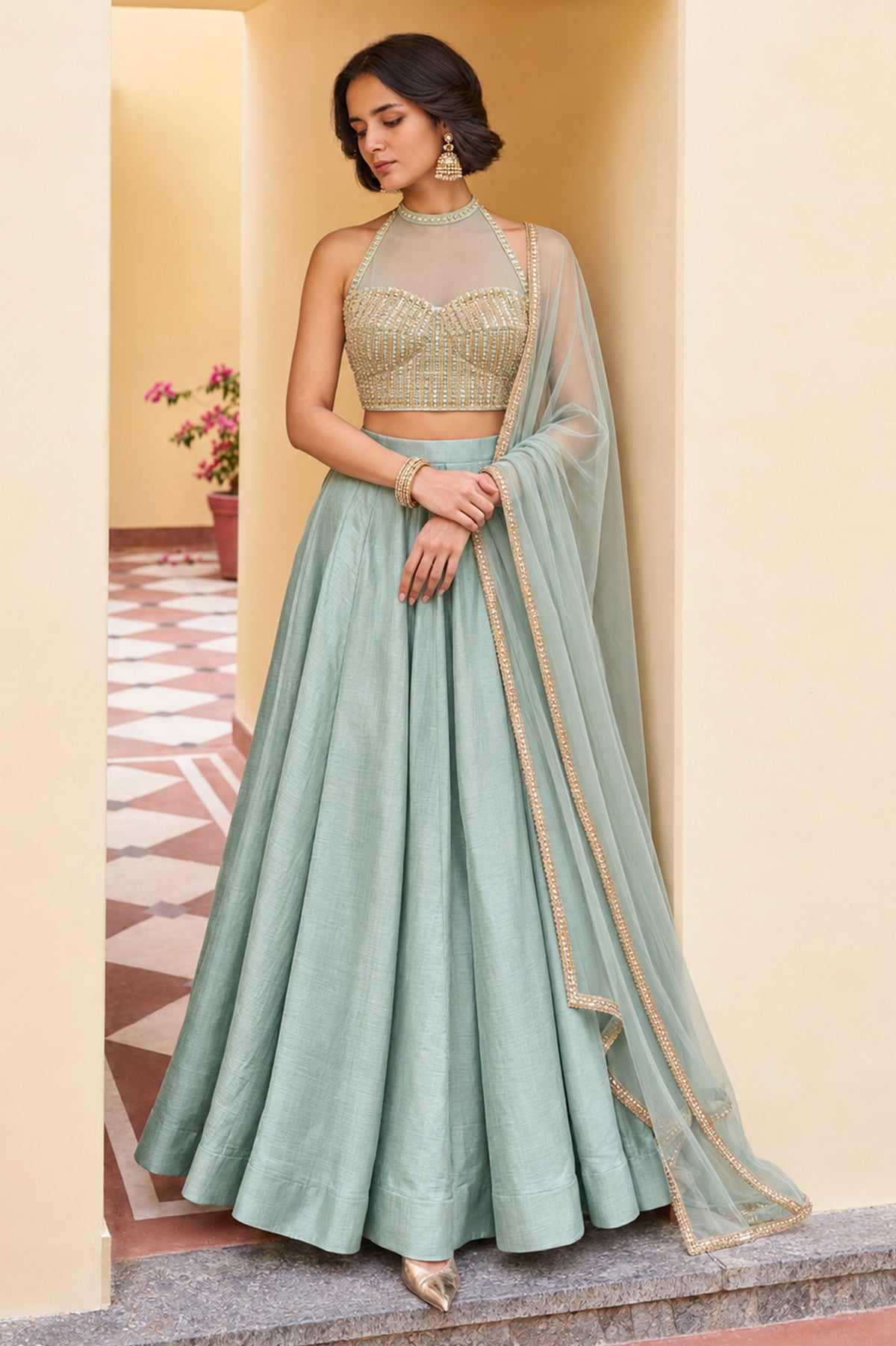 Greyish Blue Readymade Sequence Work Silk Lehenga-SAR13341_1_SareeButa.com
