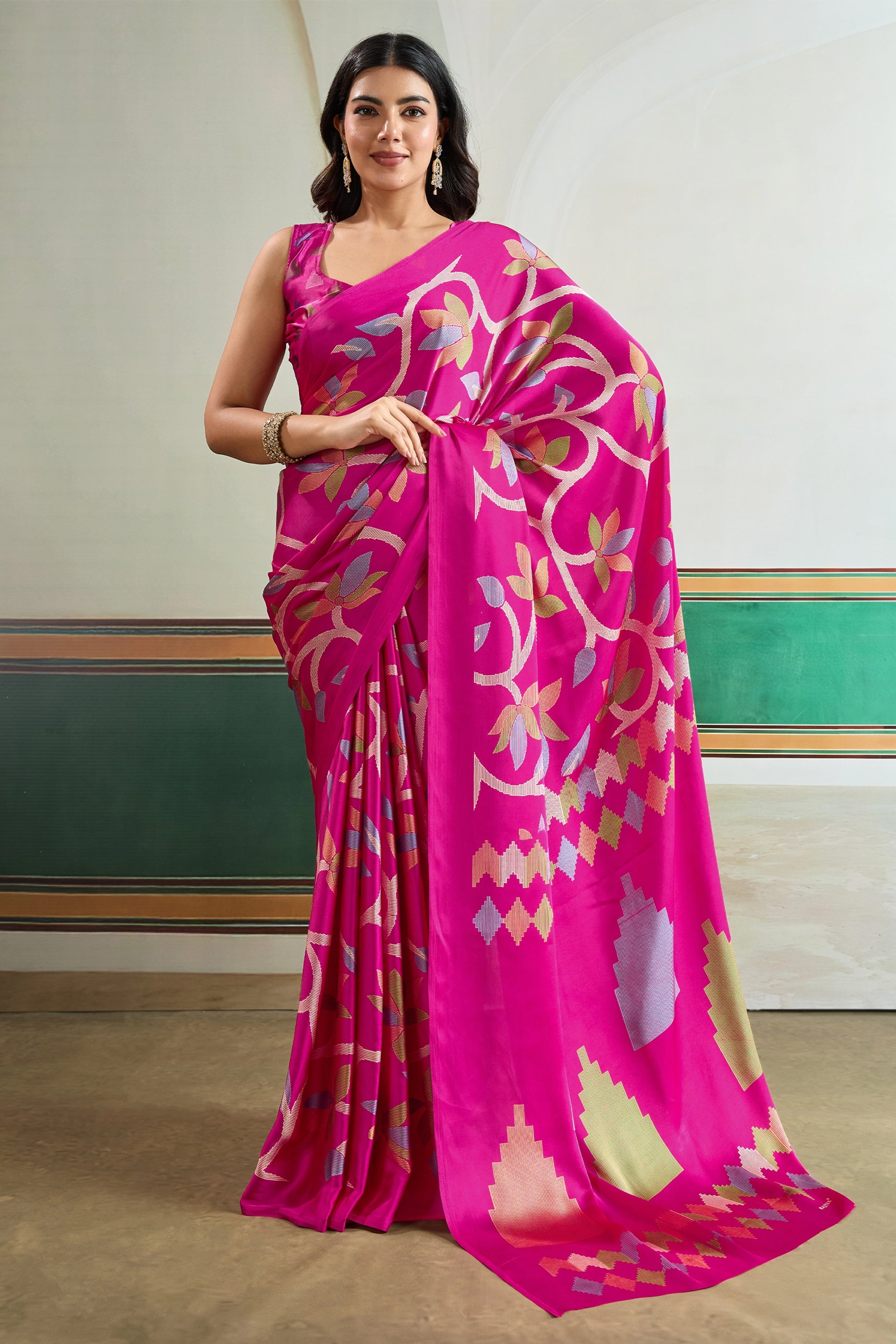 Hot Pink Ajrakh Print Satin Saree-SAR11833_1_SareeButa.com