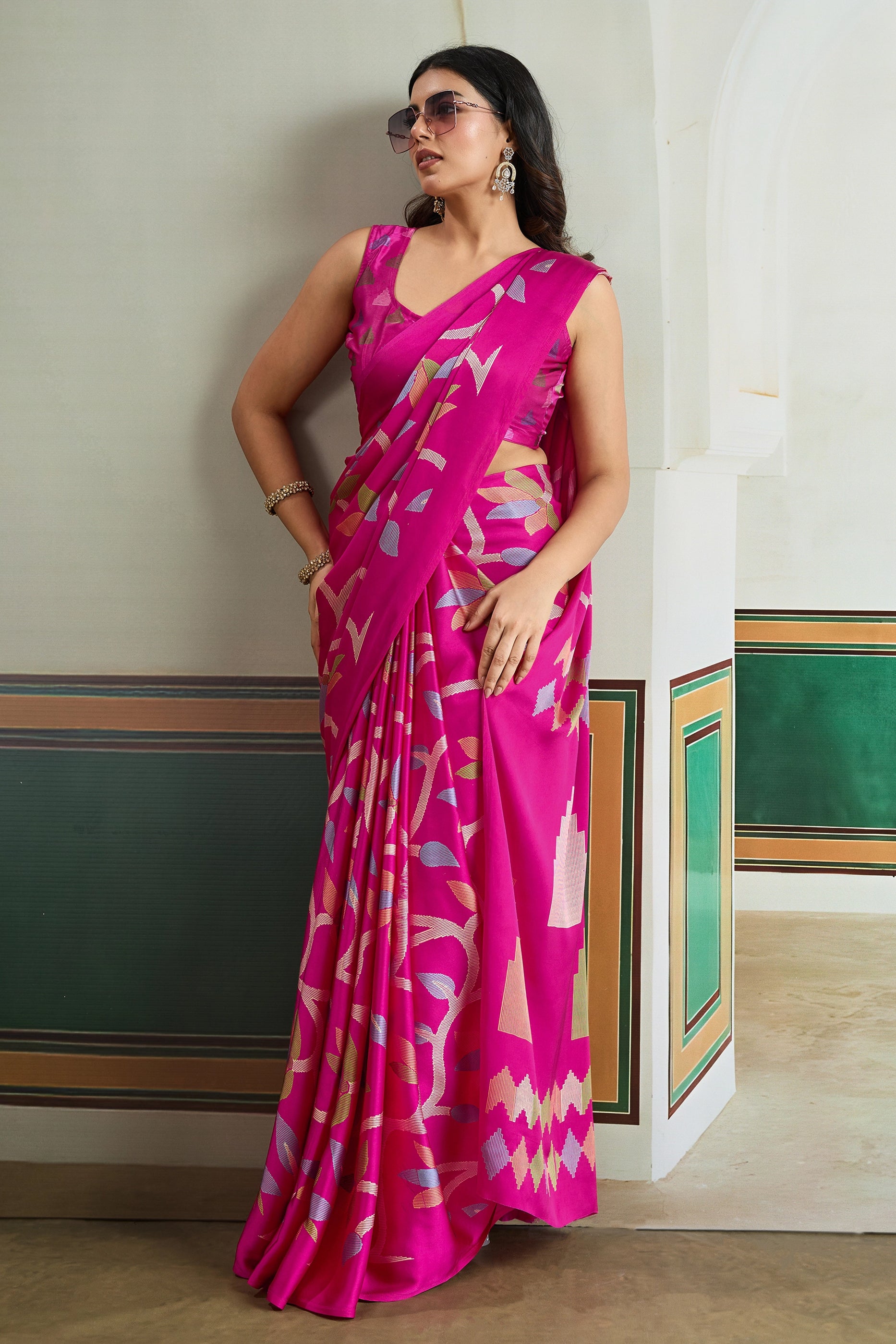 Hot Pink Ajrakh Print Satin Saree-SAR11833_3_SareeButa.com