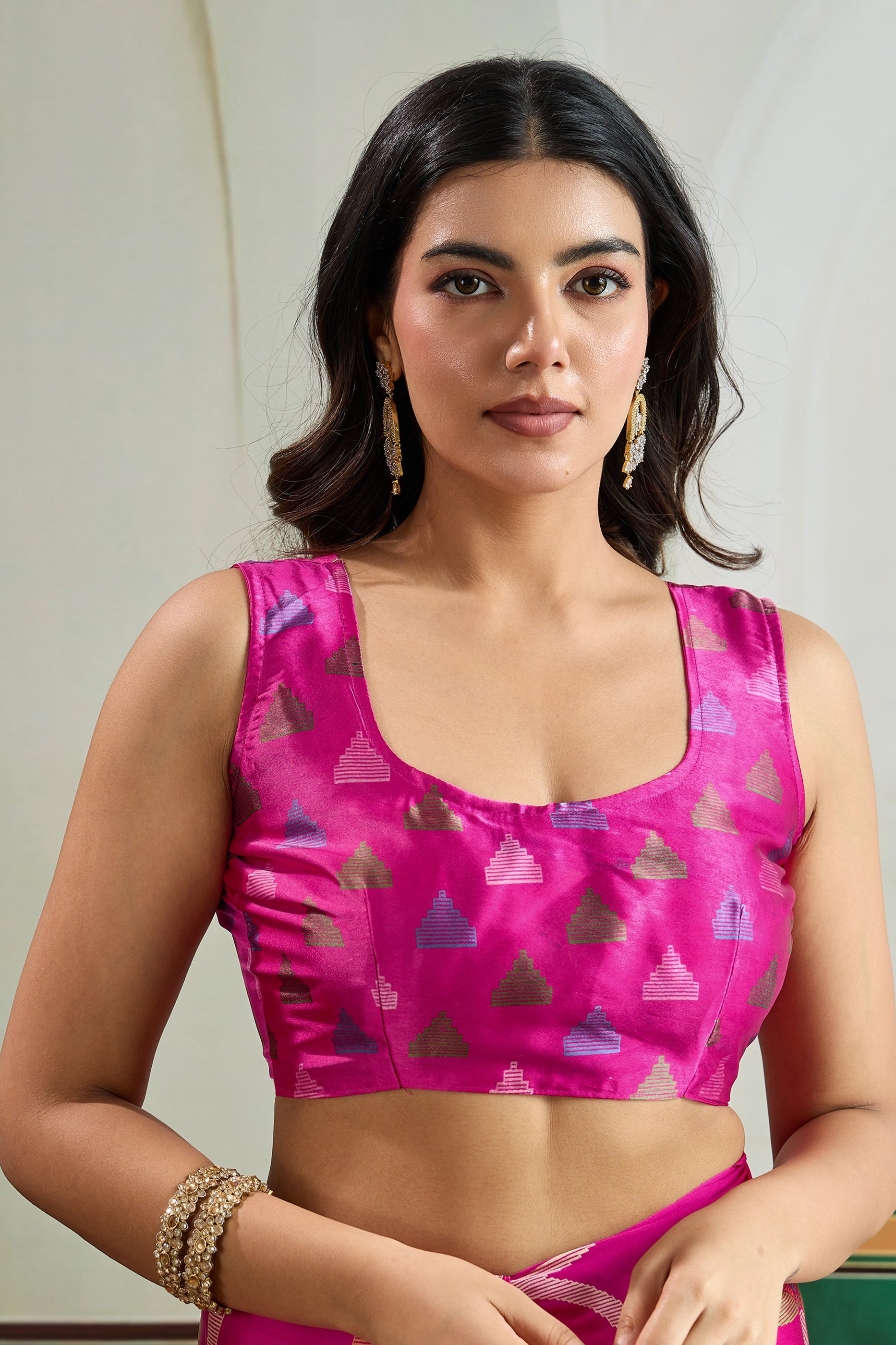 Hot Pink Ajrakh Print Satin Saree-SAR11833_4_SareeButa.com