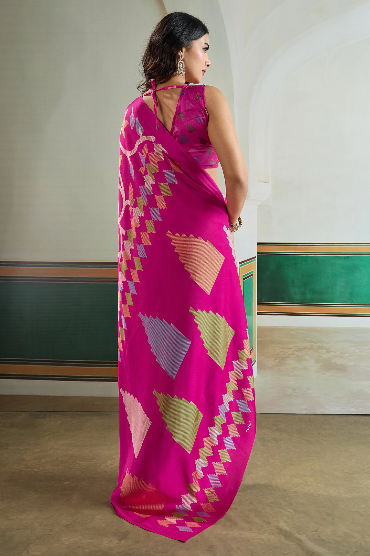 Hot Pink Ajrakh Print Satin Saree-SAR11833_5_SareeButa.com
