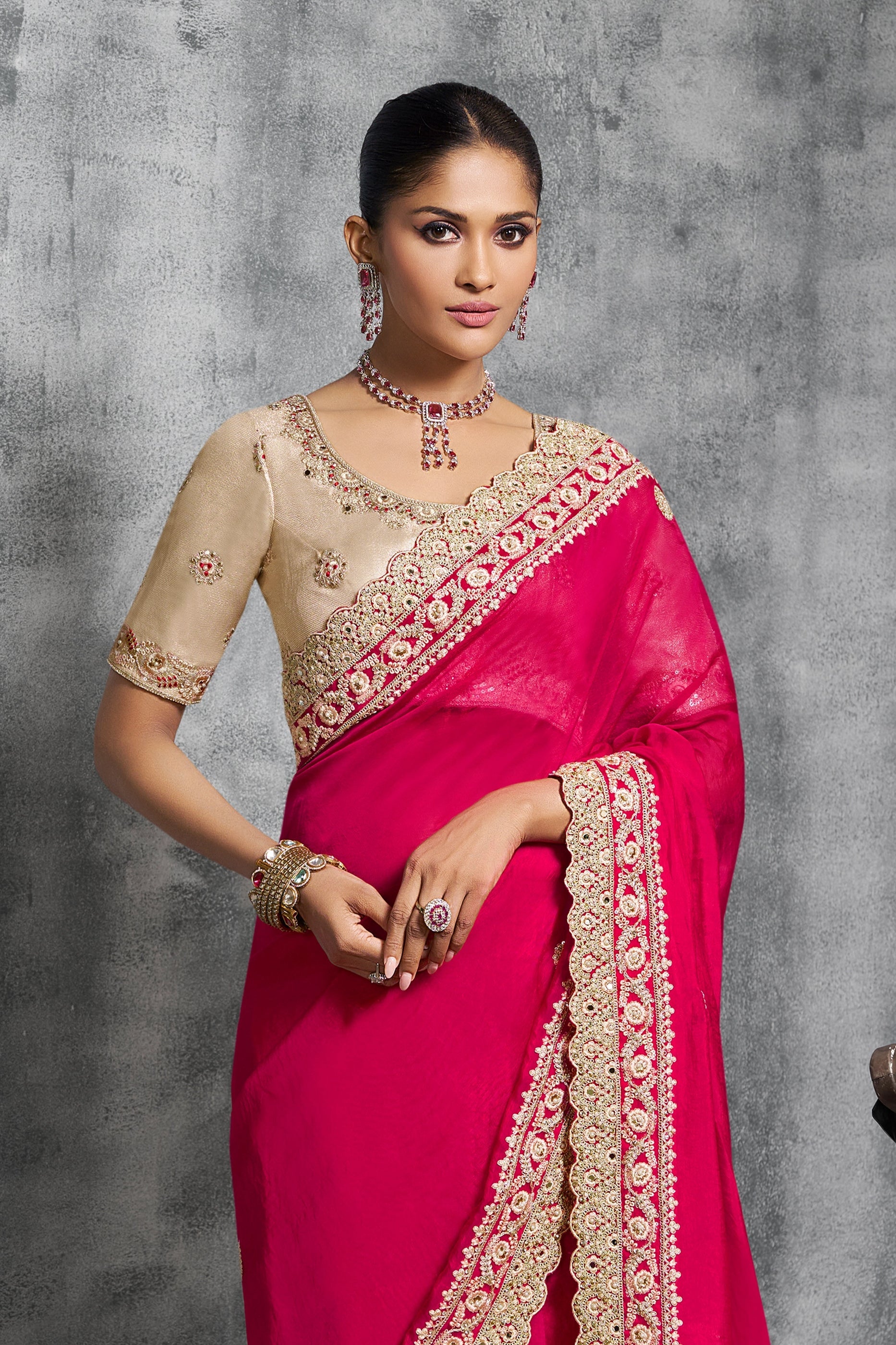 Hot Pink Embroidered Satin Silk Saree-SAR10454_4_SareeButa.com