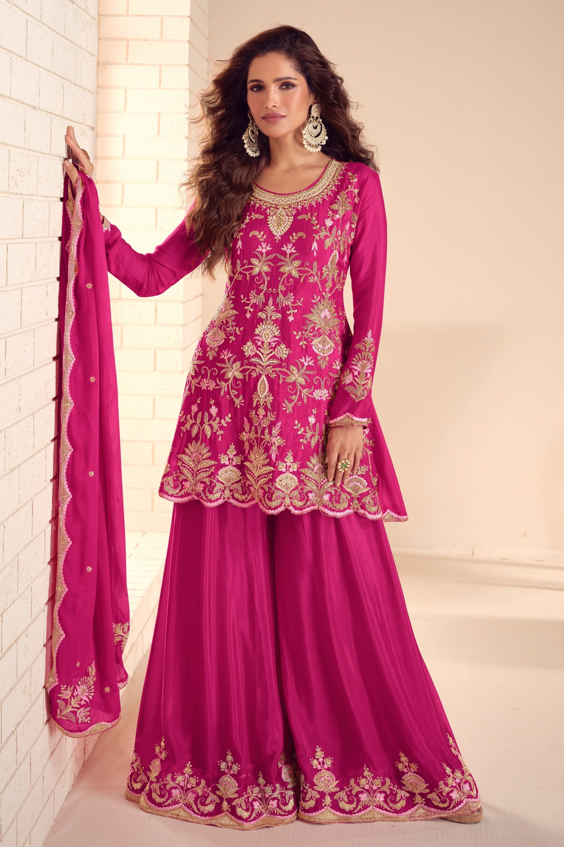 Hot Pink Readymade Embroidered Chinon A-Line Suit-SAR10938_1_SareeButa.com