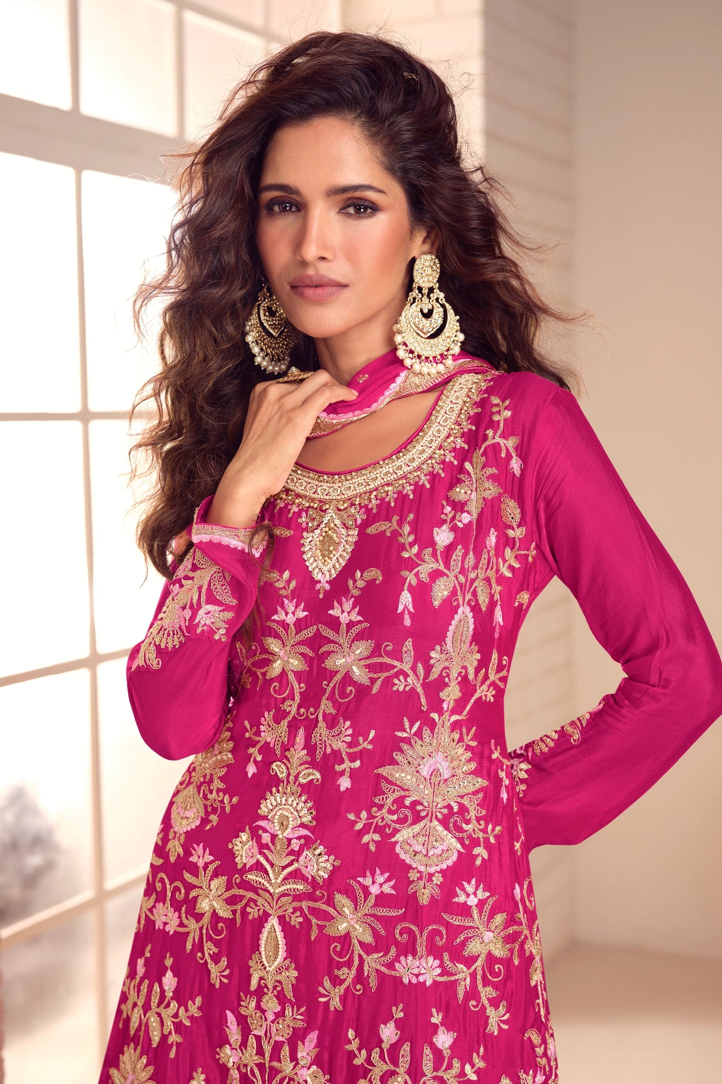 Hot Pink Readymade Embroidered Chinon A-Line Suit-SAR10938_2_SareeButa.com