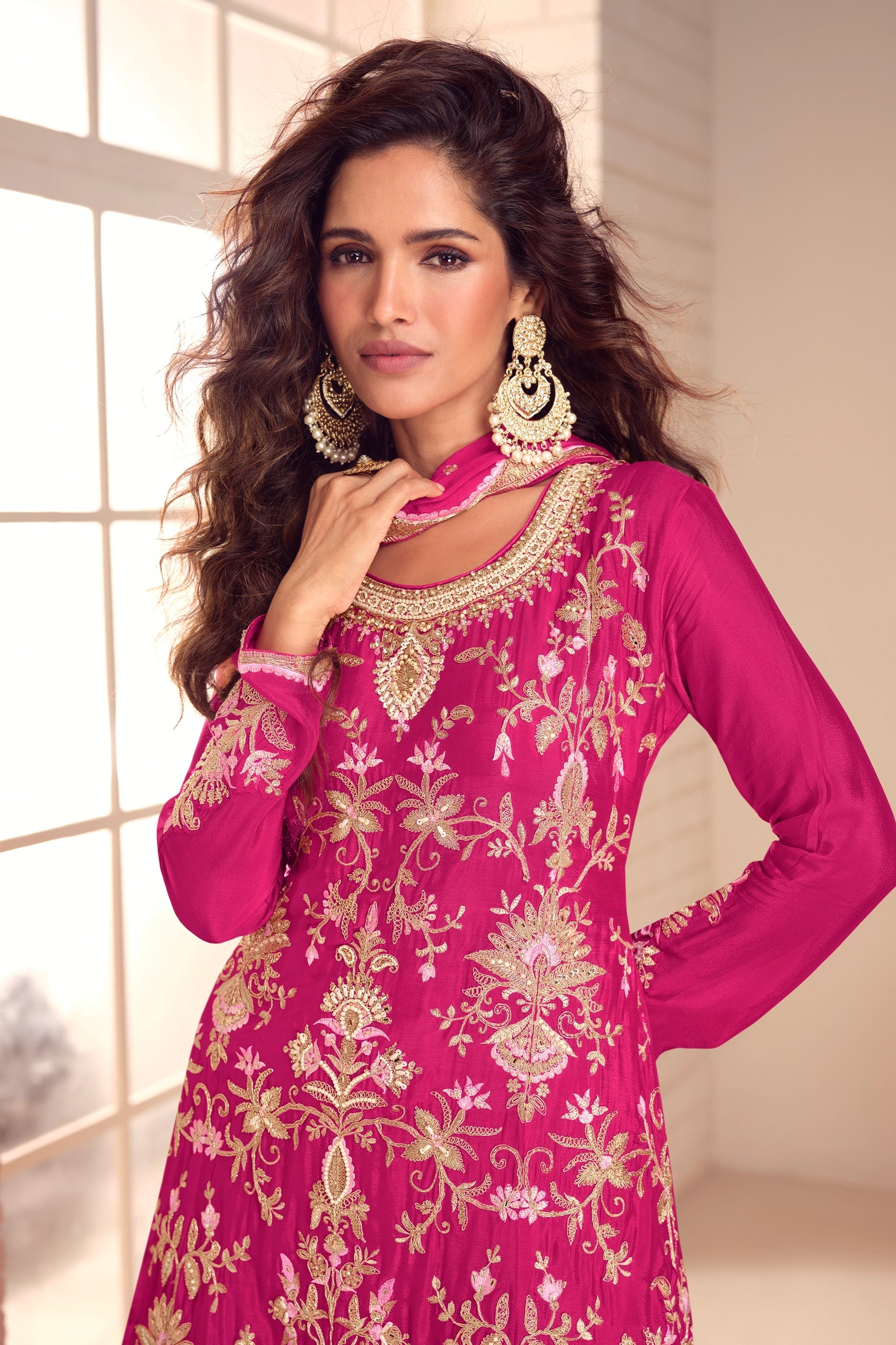 Hot Pink Readymade Embroidered Chinon A-Line Suit-SAR10938_2_SareeButa.com