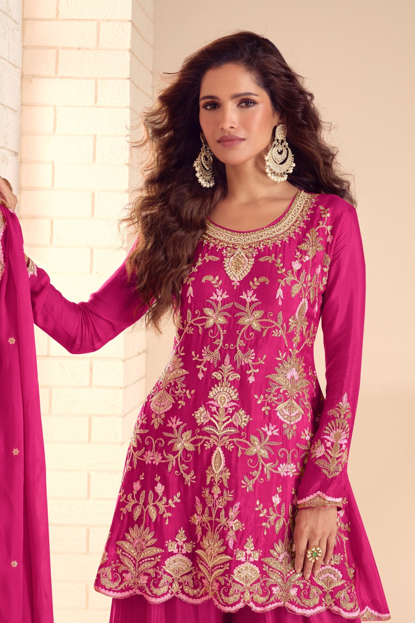 Hot Pink Readymade Embroidered Chinon A-Line Suit-SAR10938_3_SareeButa.com