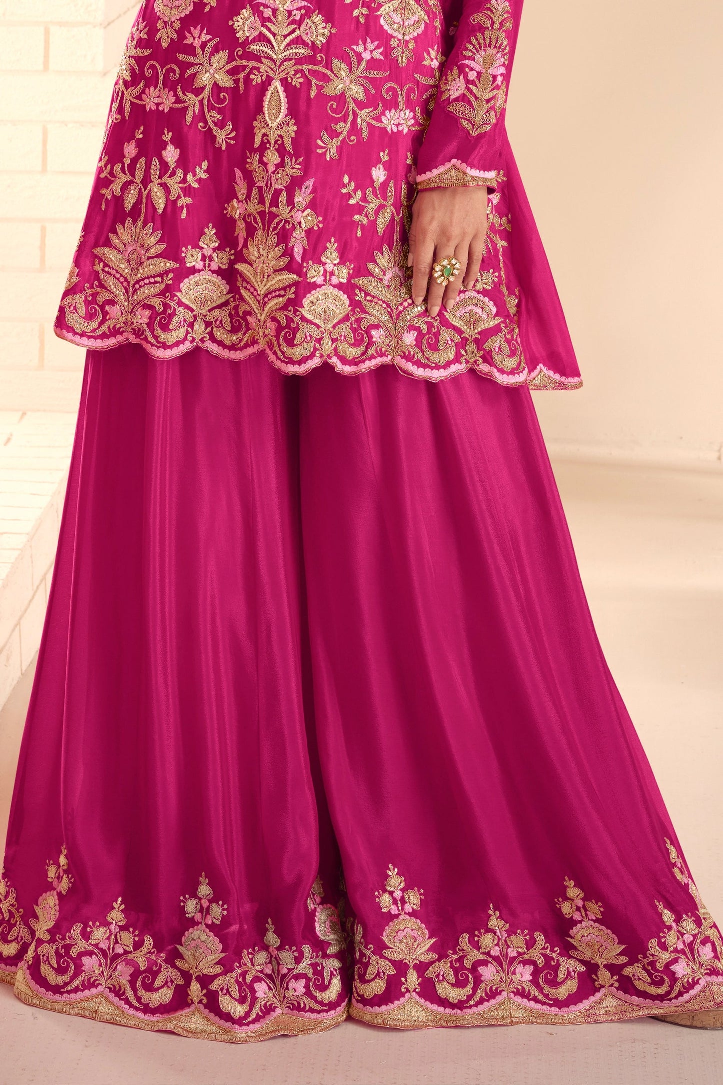 Hot Pink Readymade Embroidered Chinon A-Line Suit-SAR10938_4_SareeButa.com
