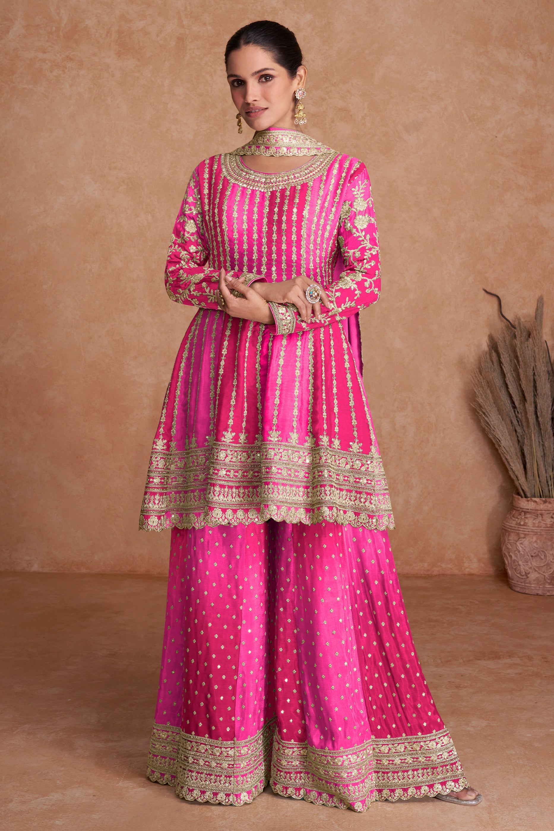 Hot Pink Readymade Embroidered Chinon A-line Suit-SAR10795_1_SareeButa.com