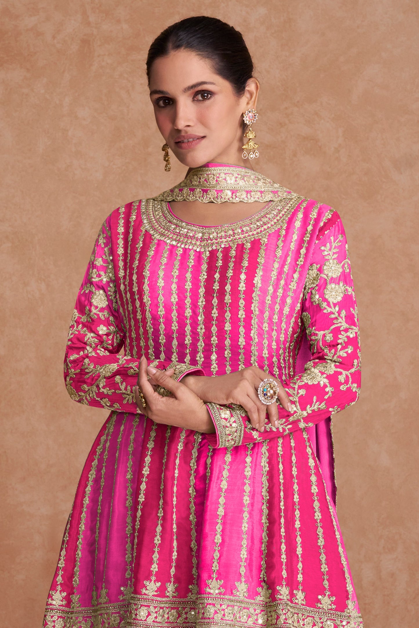 Hot Pink Readymade Embroidered Chinon A-line Suit-SAR10795_3_SareeButa.com