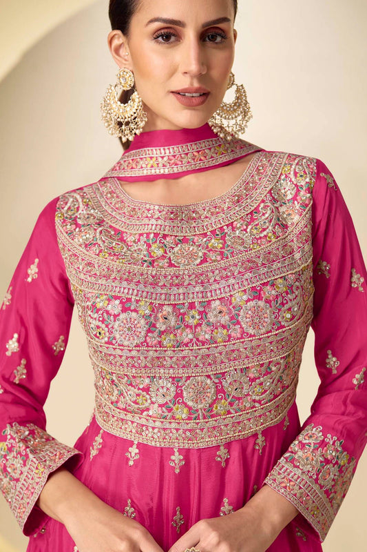 Hot Pink Readymade Embroidered Chinon Anarkali Suit-SAR10926_2_SareeButa.com