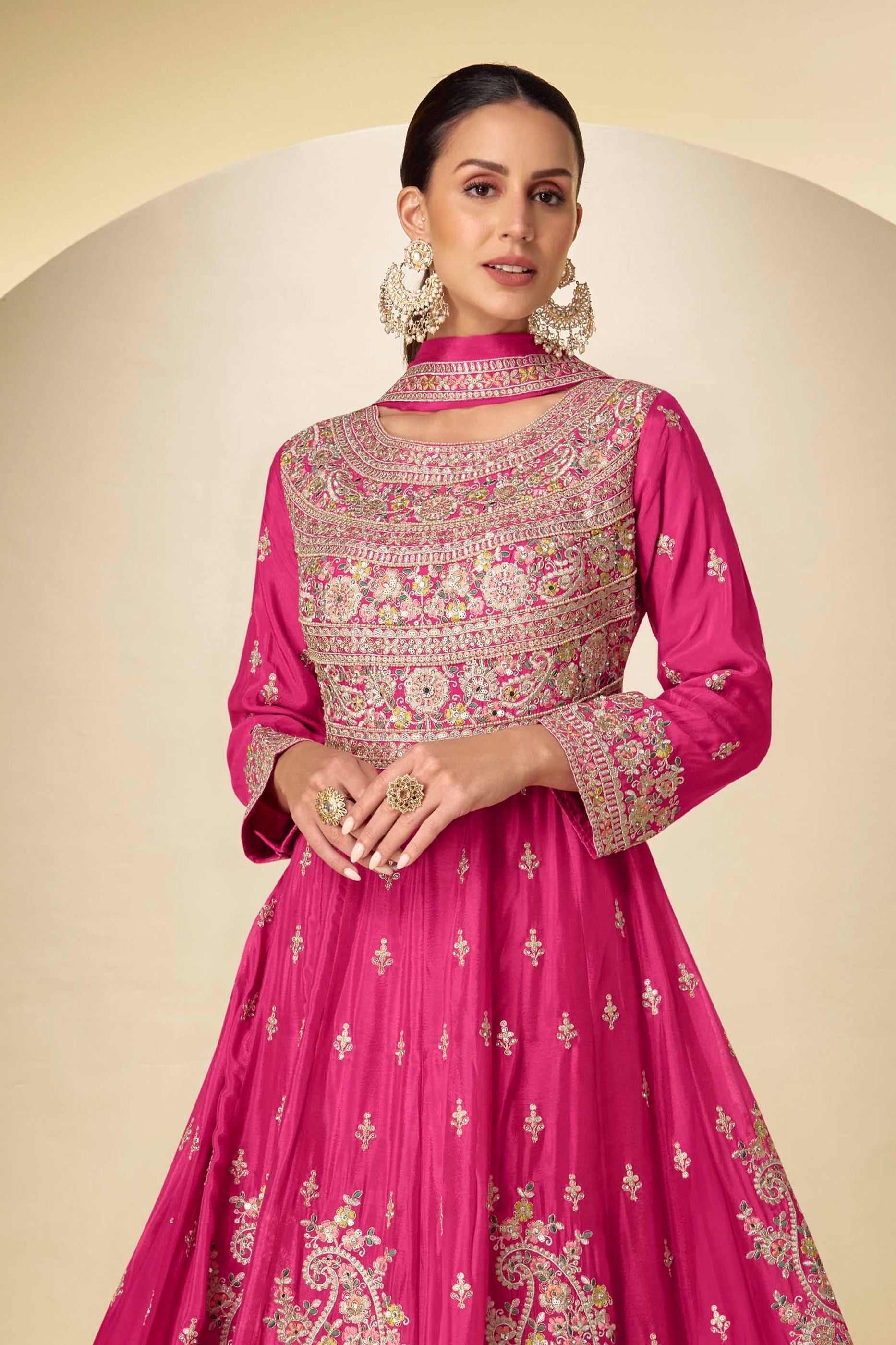 Hot Pink Readymade Embroidered Chinon Anarkali Suit-SAR10926_4_SareeButa.com