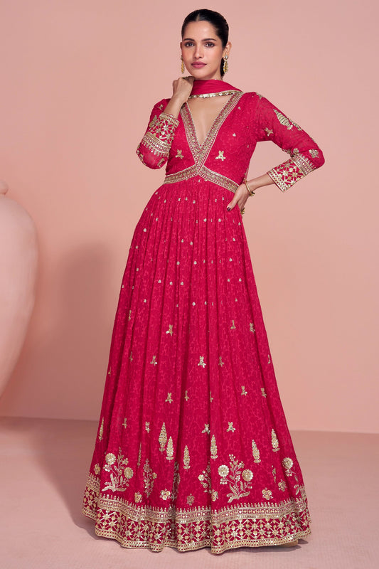 Hot Pink Readymade Georgette Gown With Dupatta-SAR10923_1_SareeButa.com