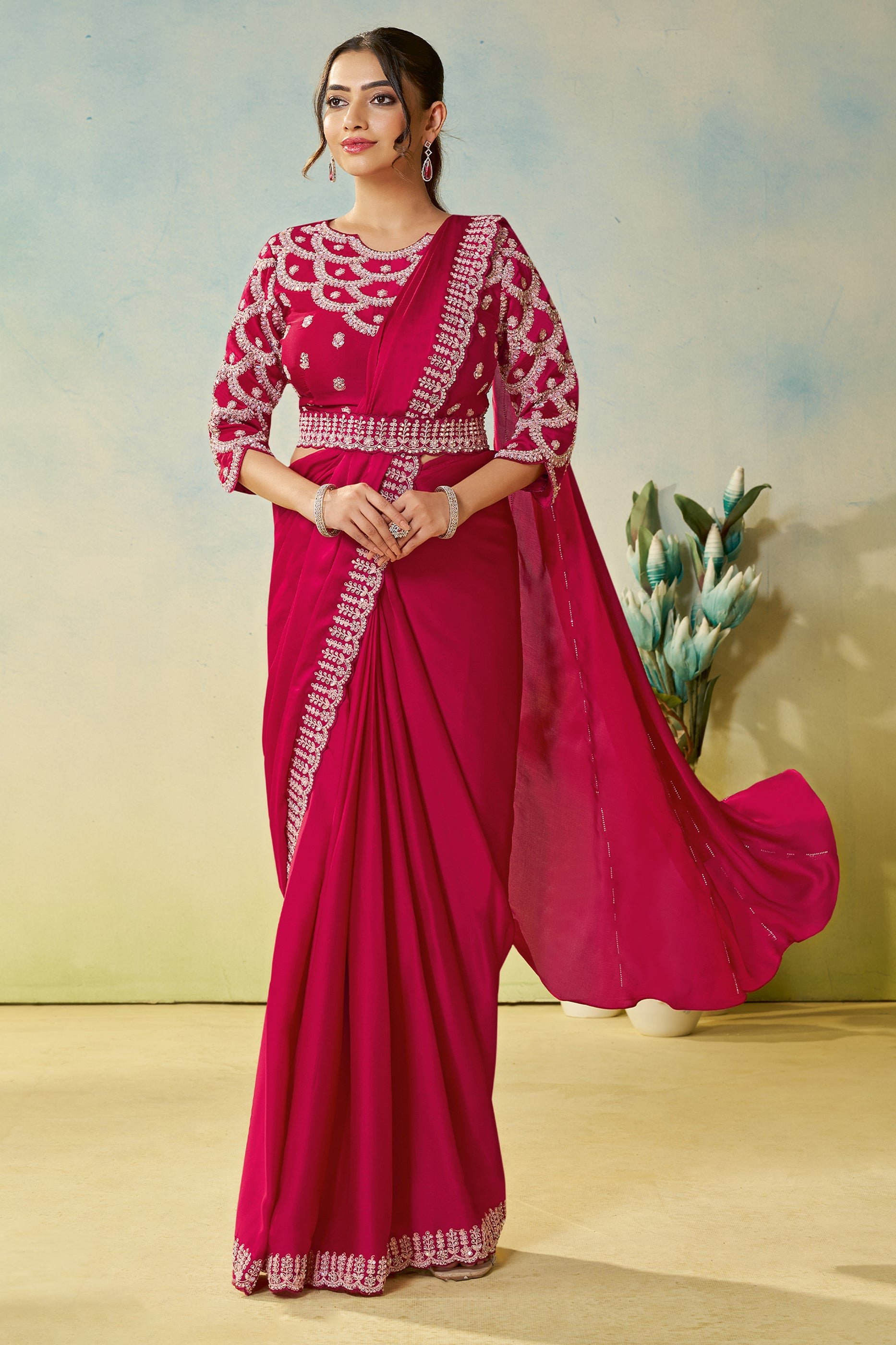 Hot Pink Satin Silk Readymade Saree-SAR11150_1_SareeButa.com