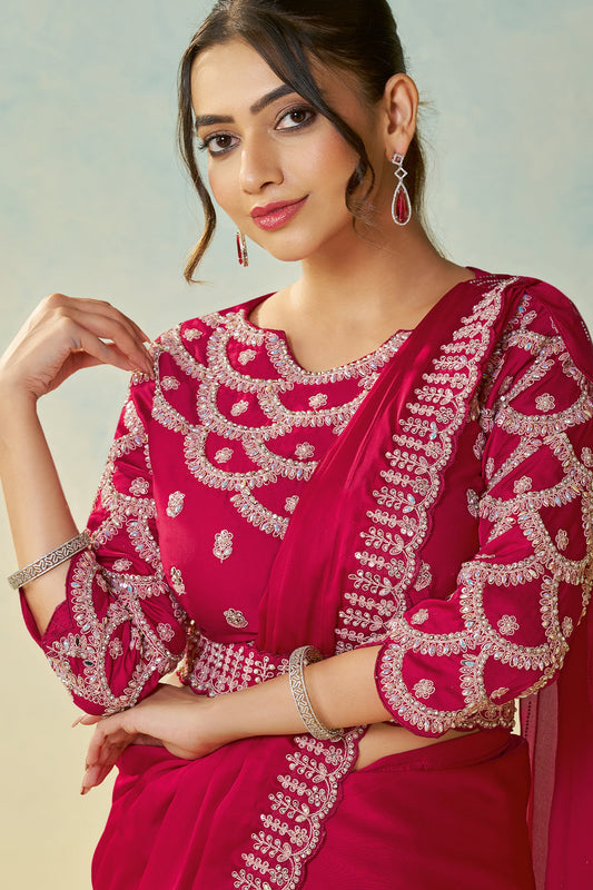 Hot Pink Satin Silk Readymade Saree-SAR11150_2_SareeButa.com