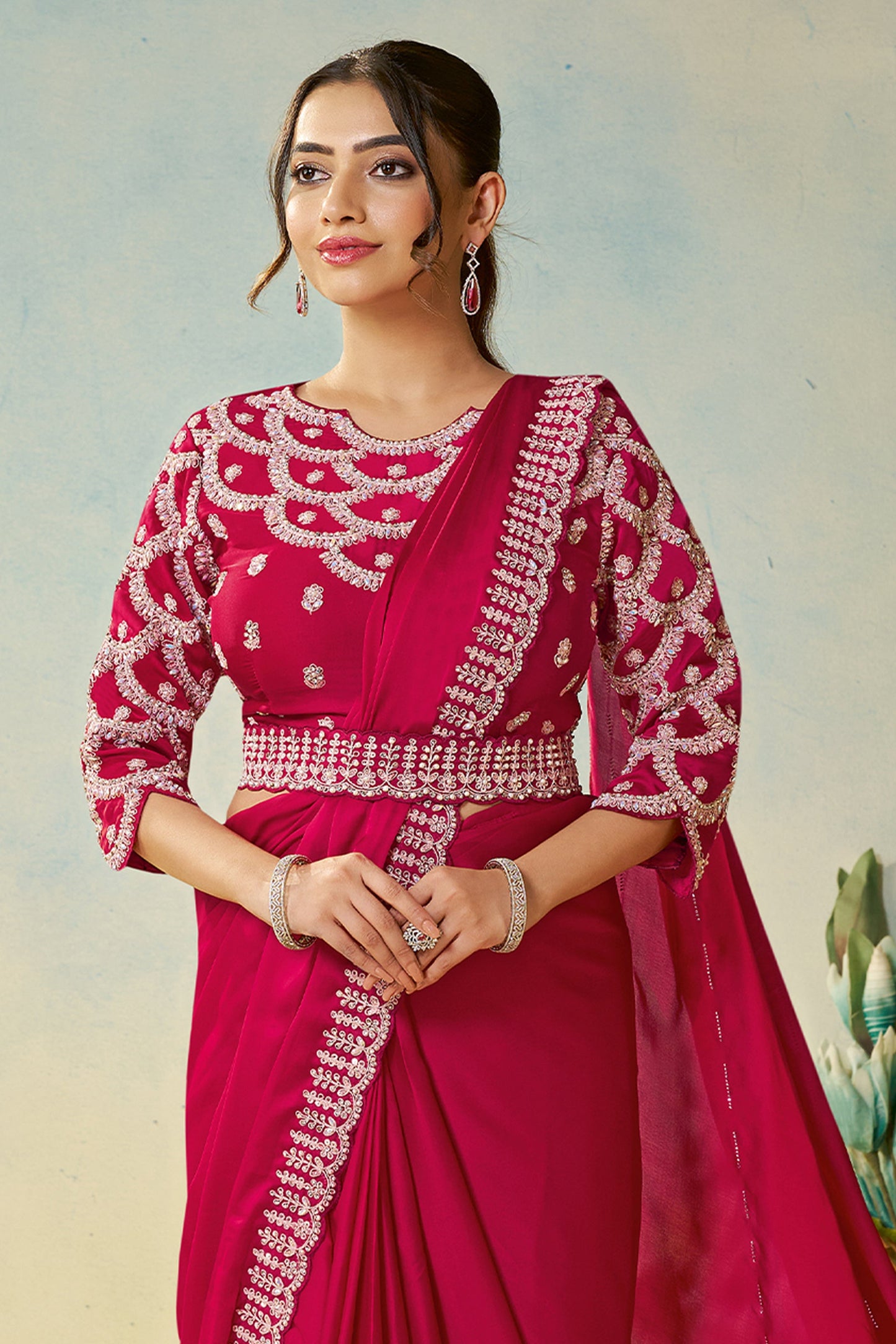 Hot Pink Satin Silk Readymade Saree-SAR11150_3_SareeButa.com