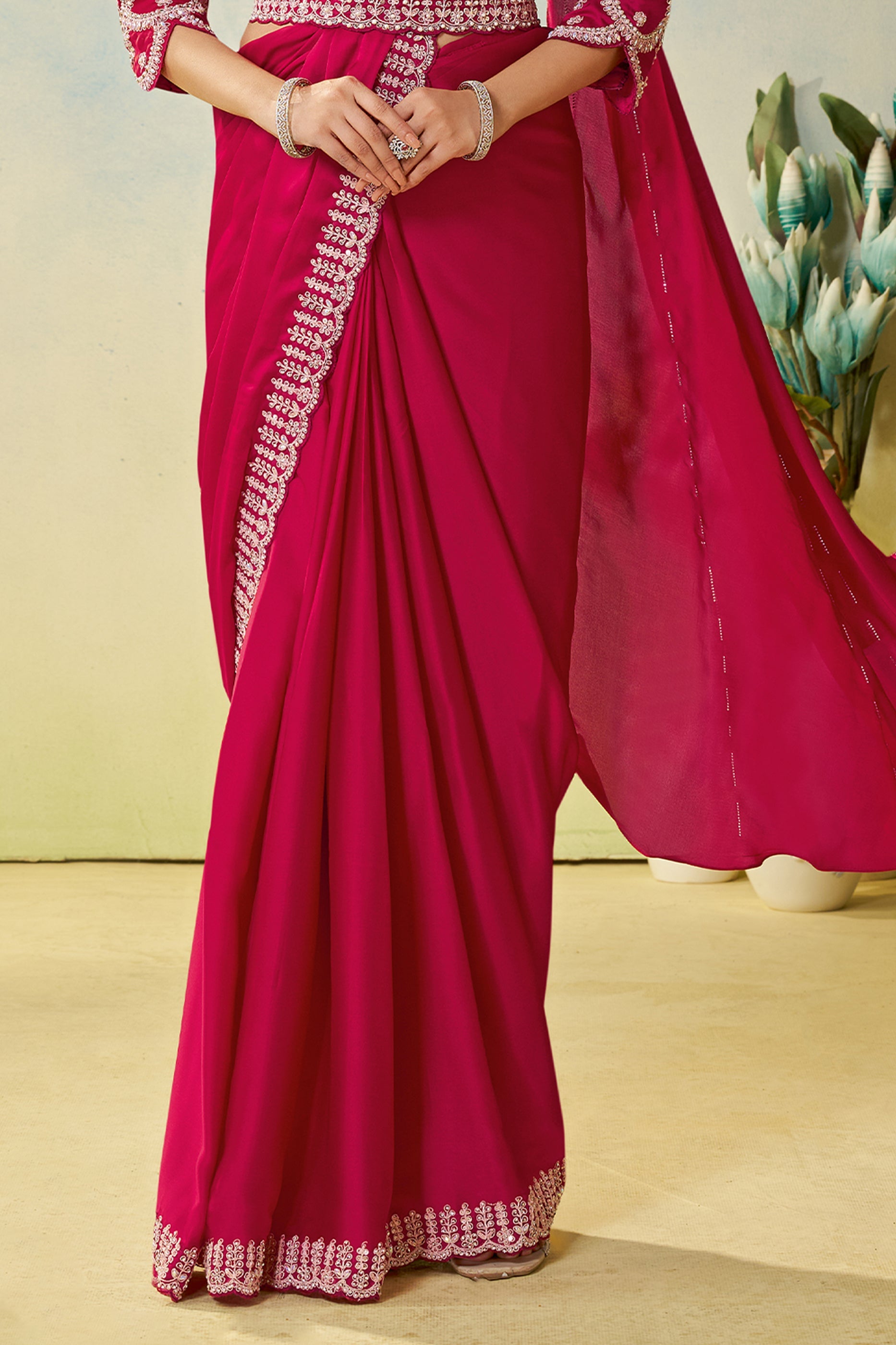 Hot Pink Satin Silk Readymade Saree-SAR11150_4_SareeButa.com