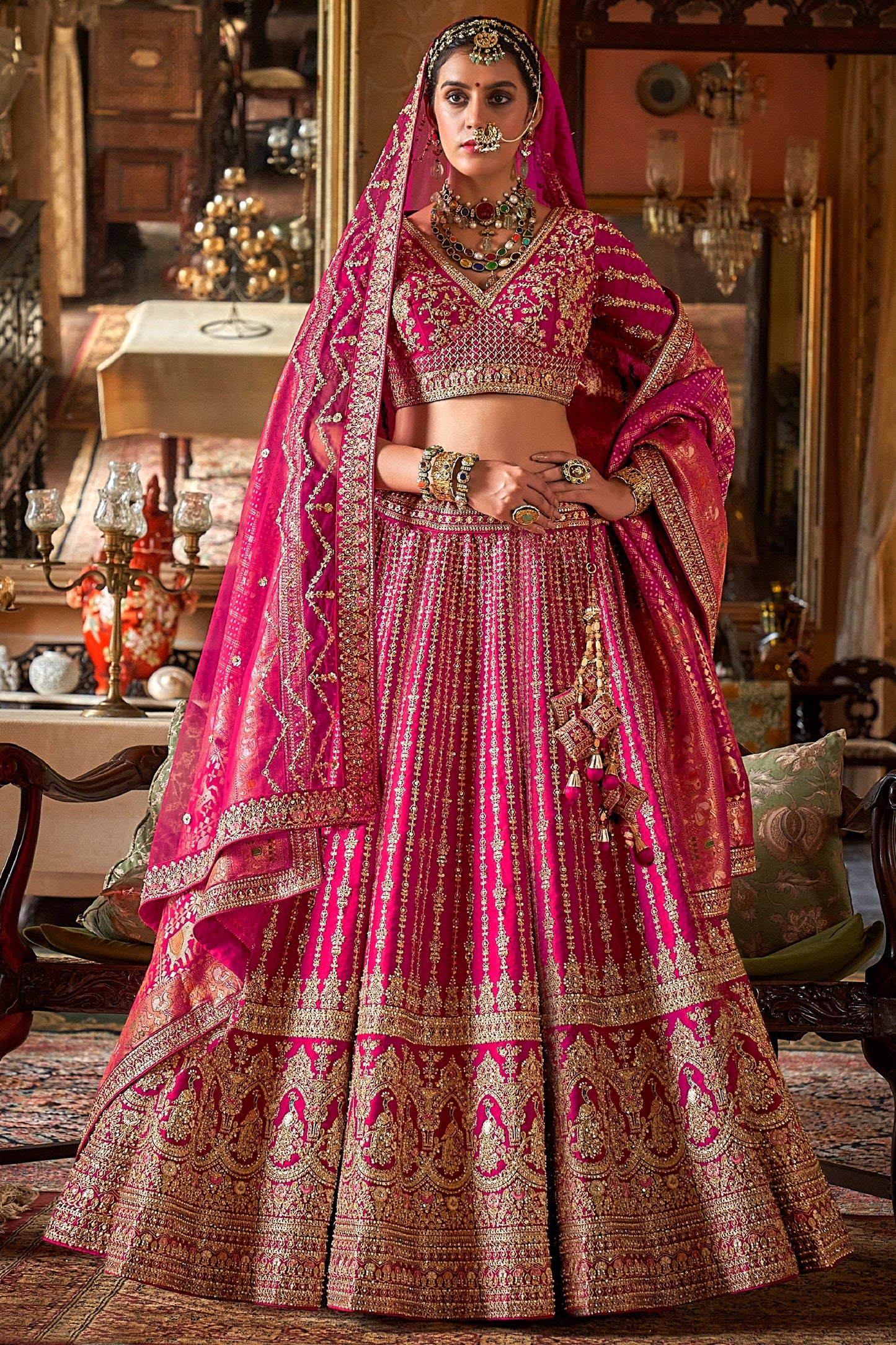Hot Pink Semi-Stitched Embroidered Silk Lehenga-SAR10307_1_SareeButa.com