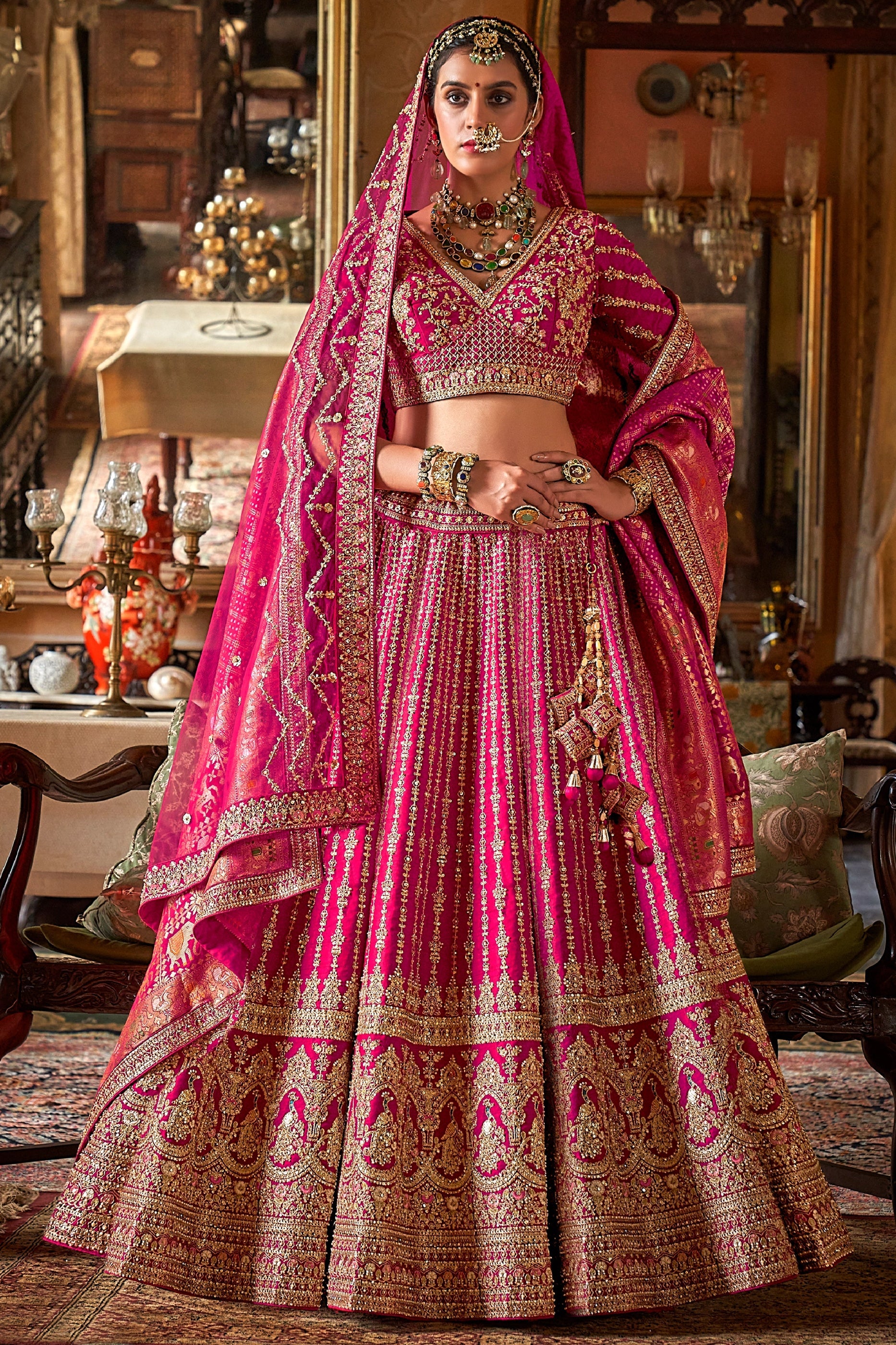 Hot Pink Semi-Stitched Embroidered Silk Lehenga-SAR10307_1_SareeButa.com