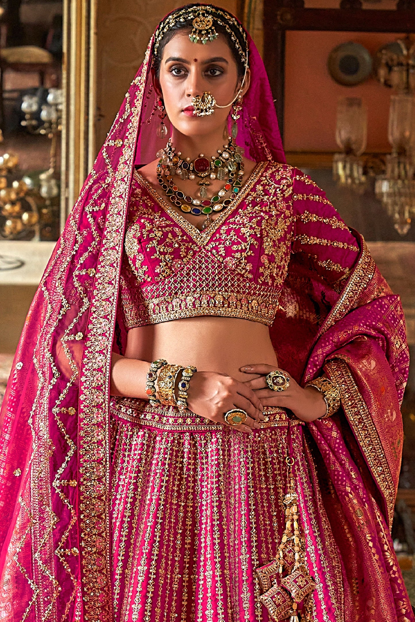 Hot Pink Semi-Stitched Embroidered Silk Lehenga-SAR10307_3_SareeButa.com