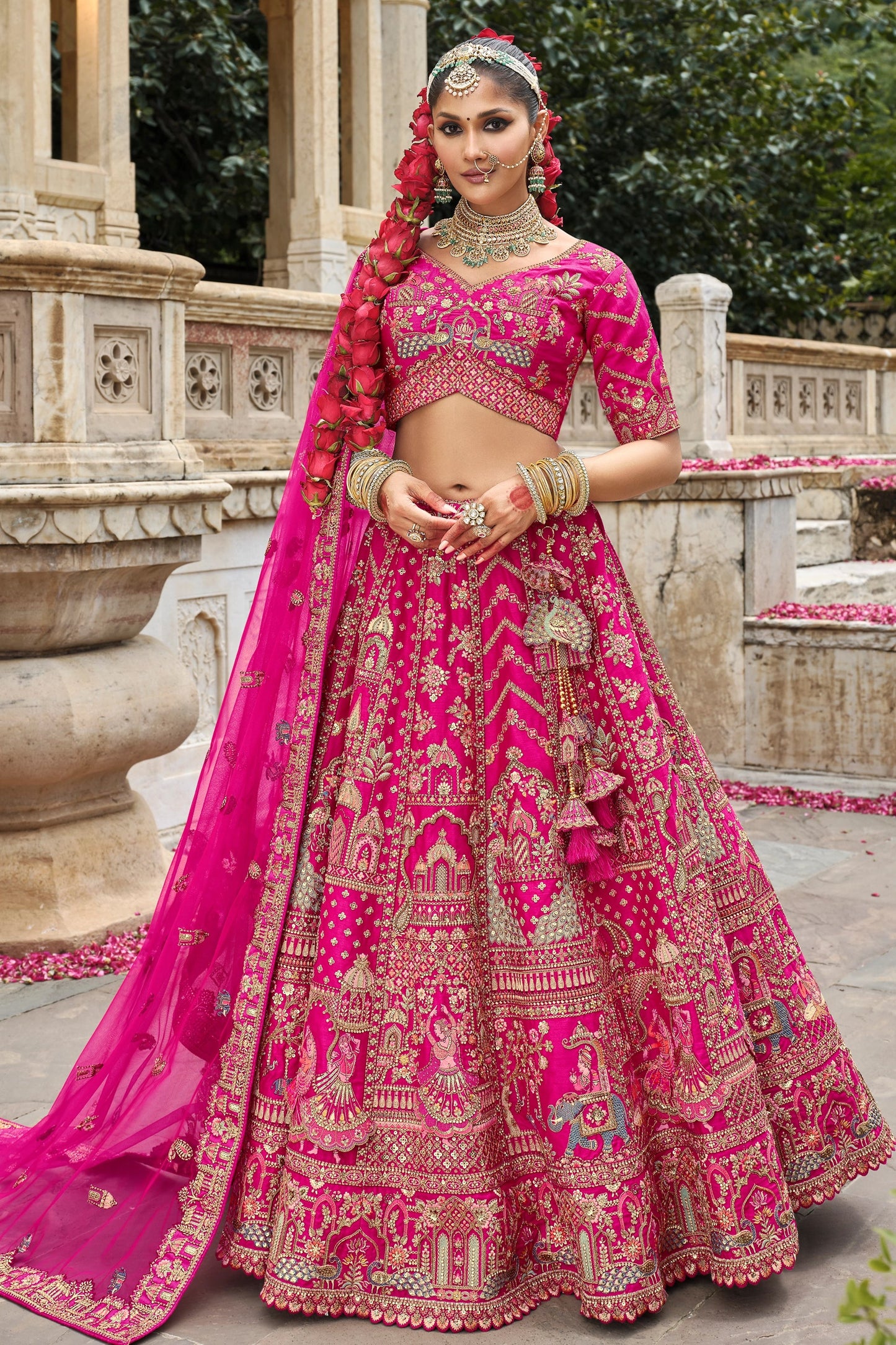 Hot Pink Semi-Stitched Embroidered Silk Lehenga-SAR10536_1_SareeButa.com