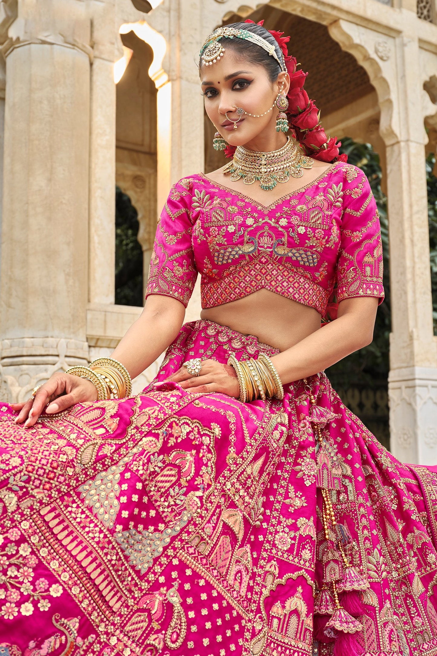 Hot Pink Semi-Stitched Embroidered Silk Lehenga-SAR10536_3_SareeButa.com