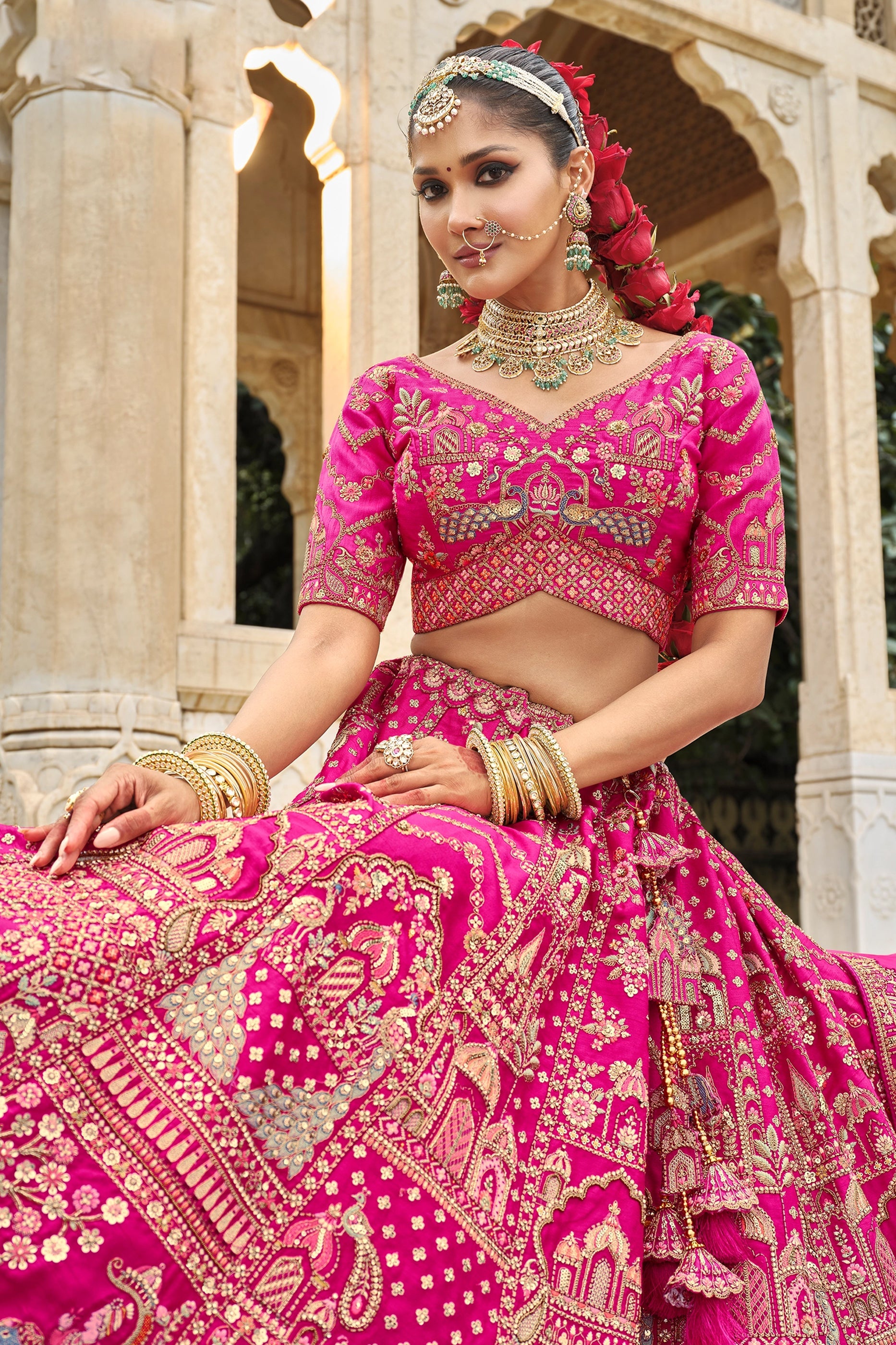 Hot Pink Semi-Stitched Embroidered Silk Lehenga-SAR10536_3_SareeButa.com