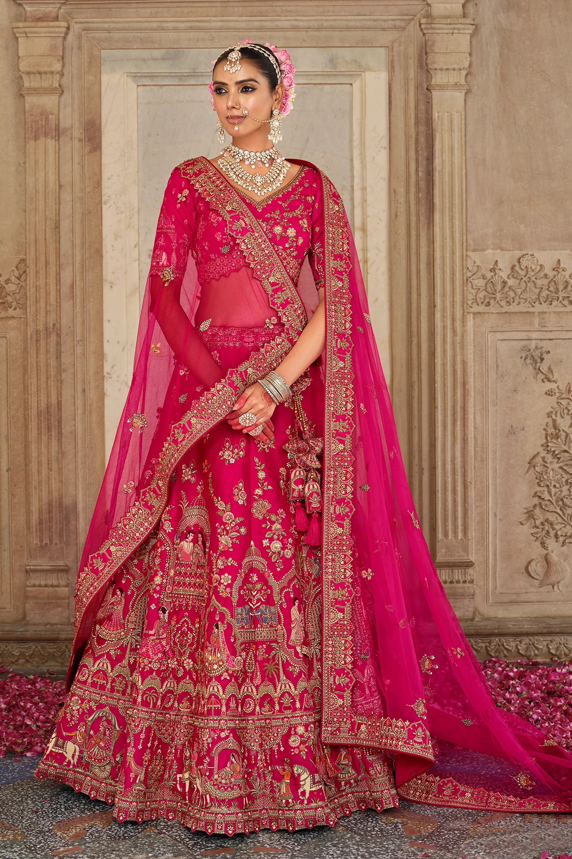 Hot Pink Semi-Stitched Embroidered Silk Lehenga-SAR10540_1_SareeButa.com